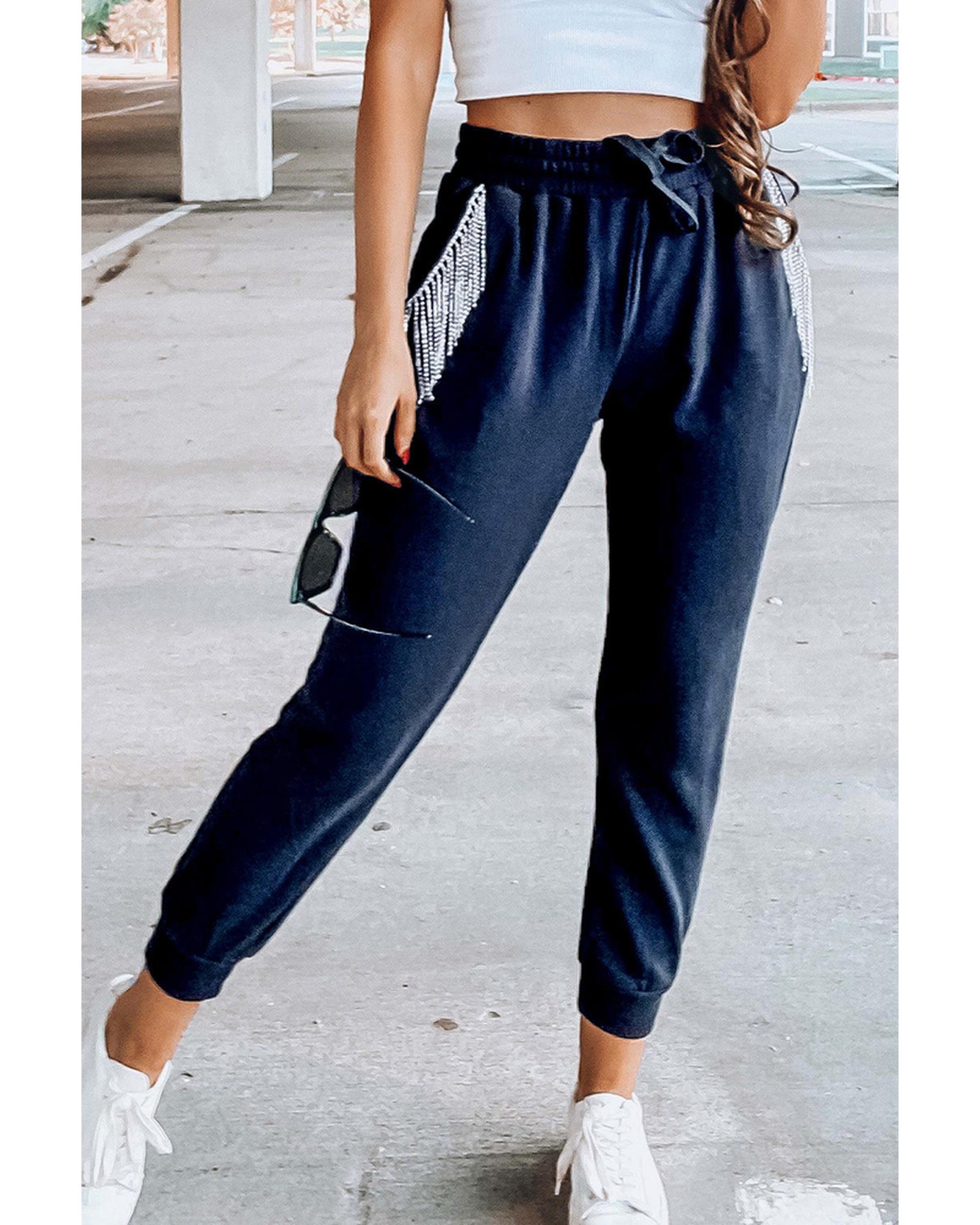 Azura Exchange Rhinestone Trim Drawstring Jogger Pants - M