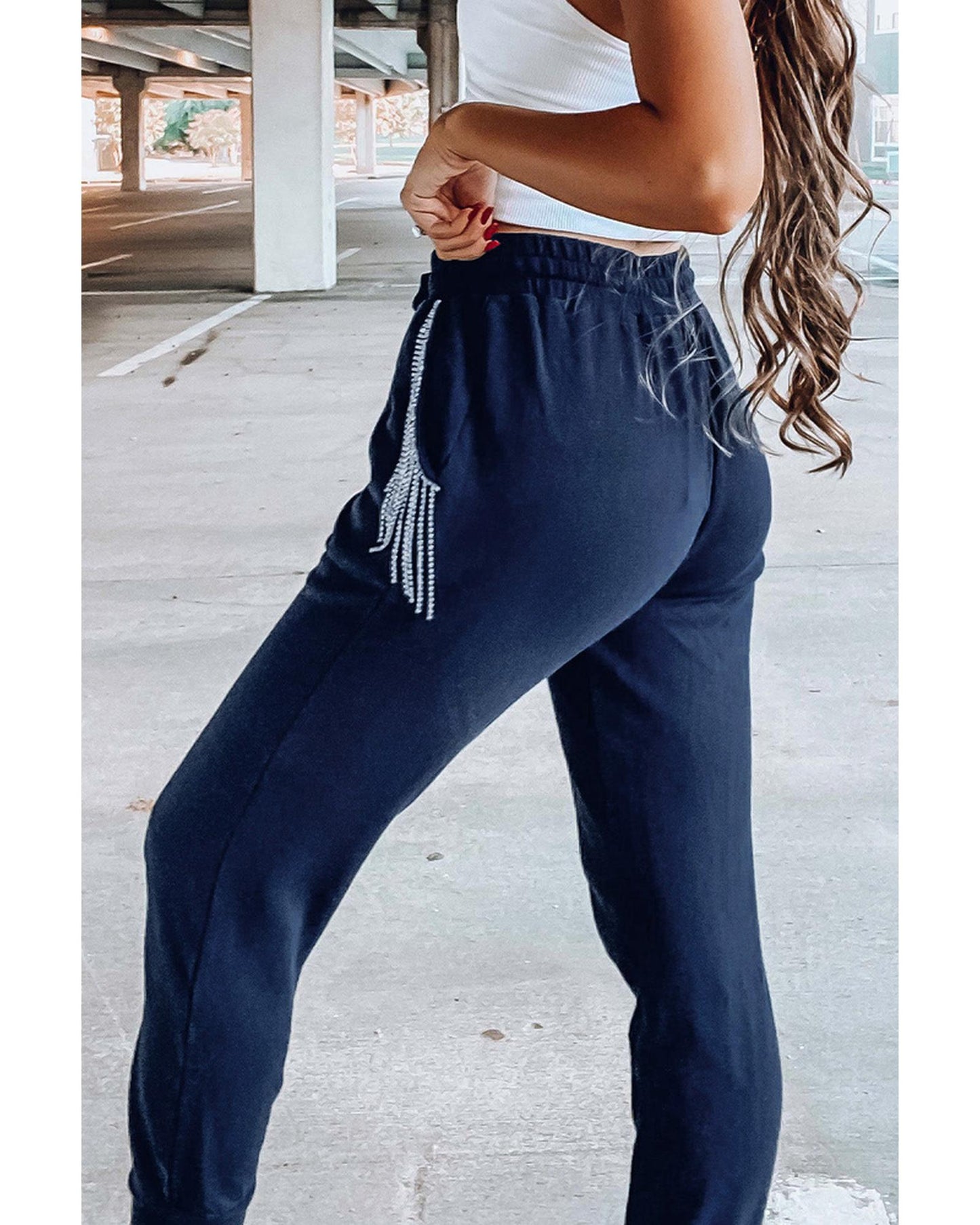 Azura Exchange Rhinestone Trim Drawstring Jogger Pants - M