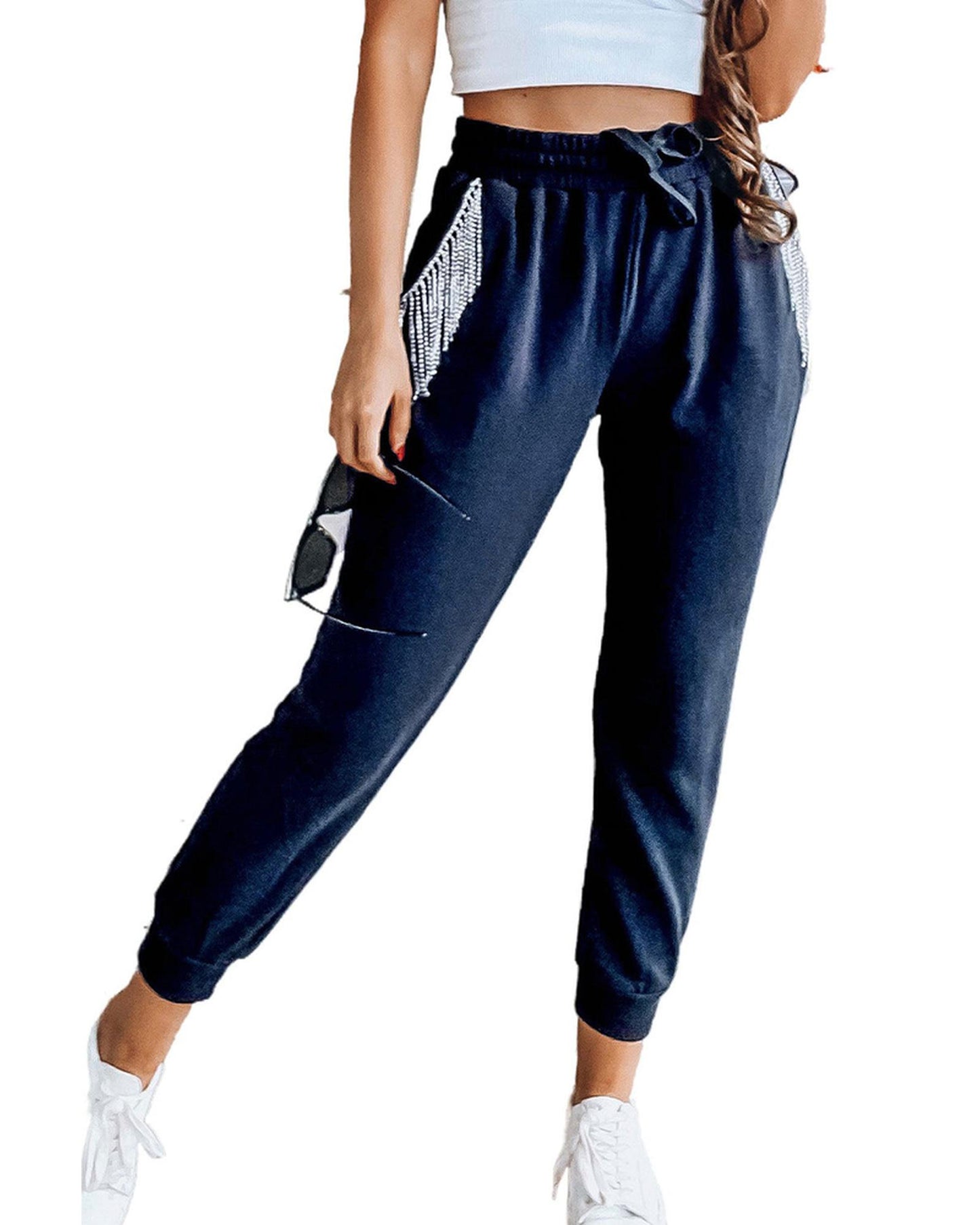 Azura Exchange Rhinestone Trim Drawstring Jogger Pants - M