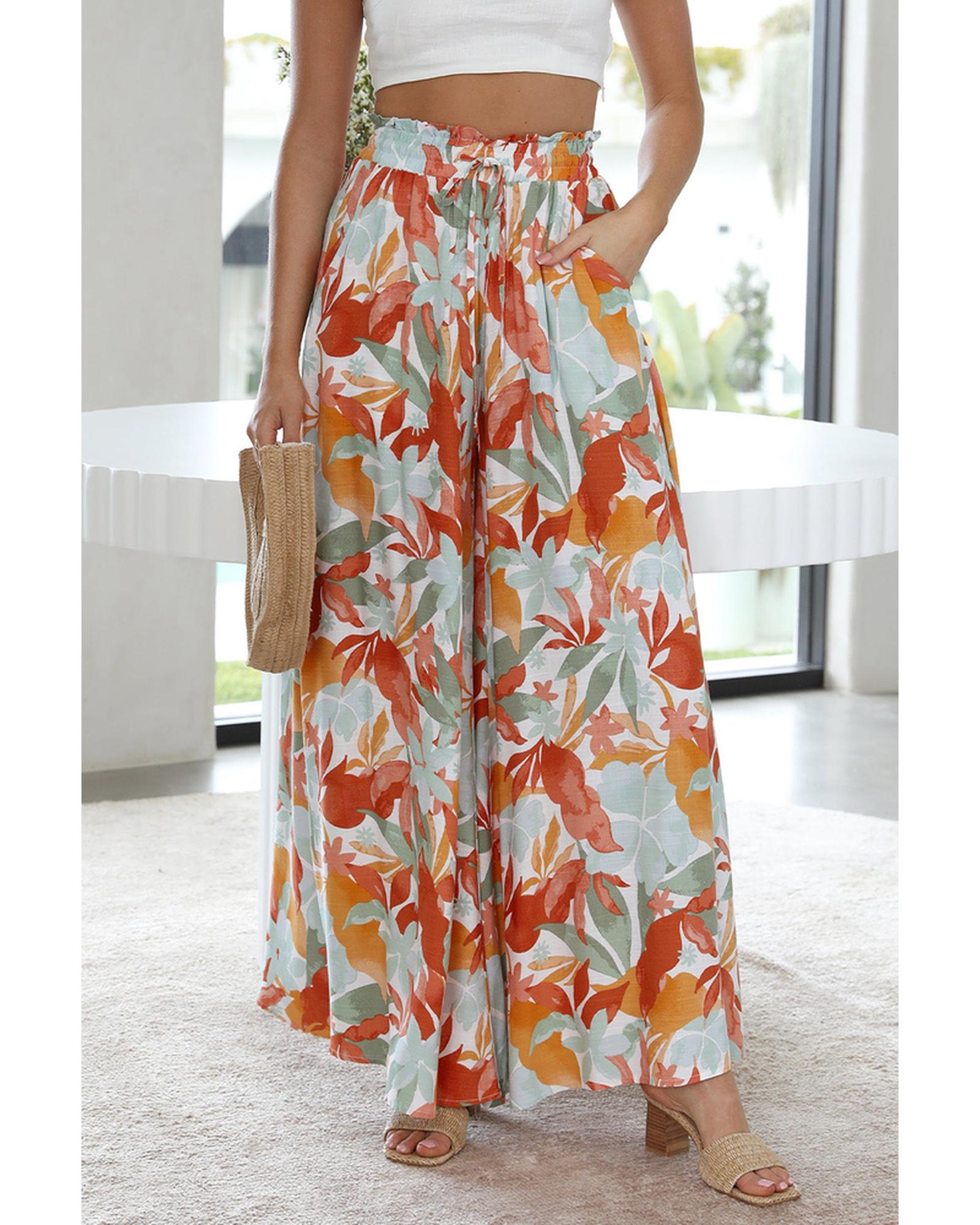 Azura Exchange Floral Print Drawstring High Waist Wide Leg Pants - L