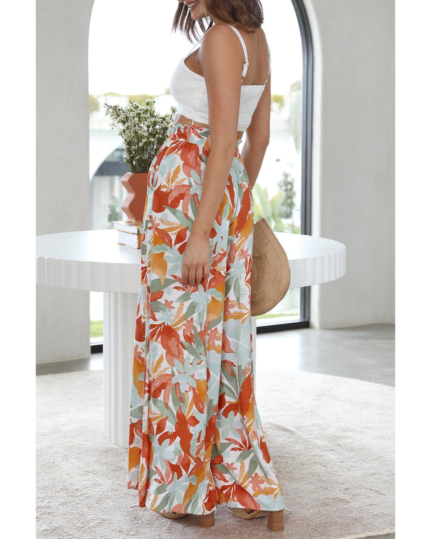 Azura Exchange Floral Print Drawstring High Waist Wide Leg Pants - L