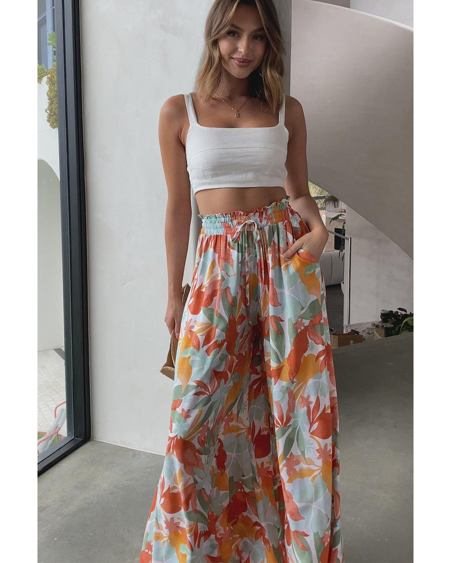 Azura Exchange Floral Print Drawstring High Waist Wide Leg Pants - L