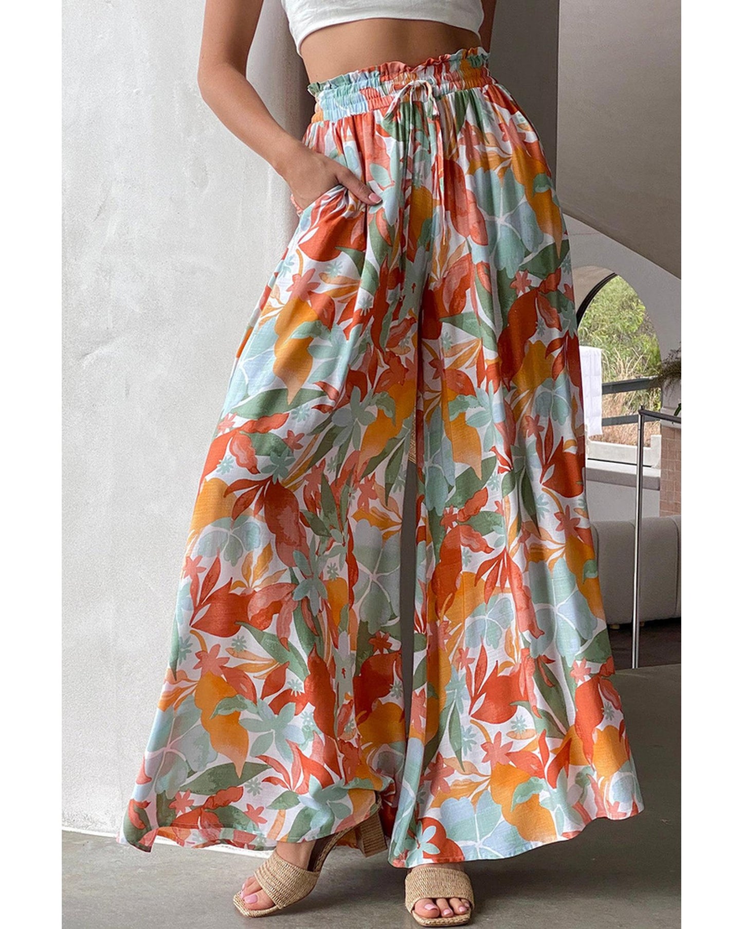 Azura Exchange Floral Print Drawstring High Waist Wide Leg Pants - L