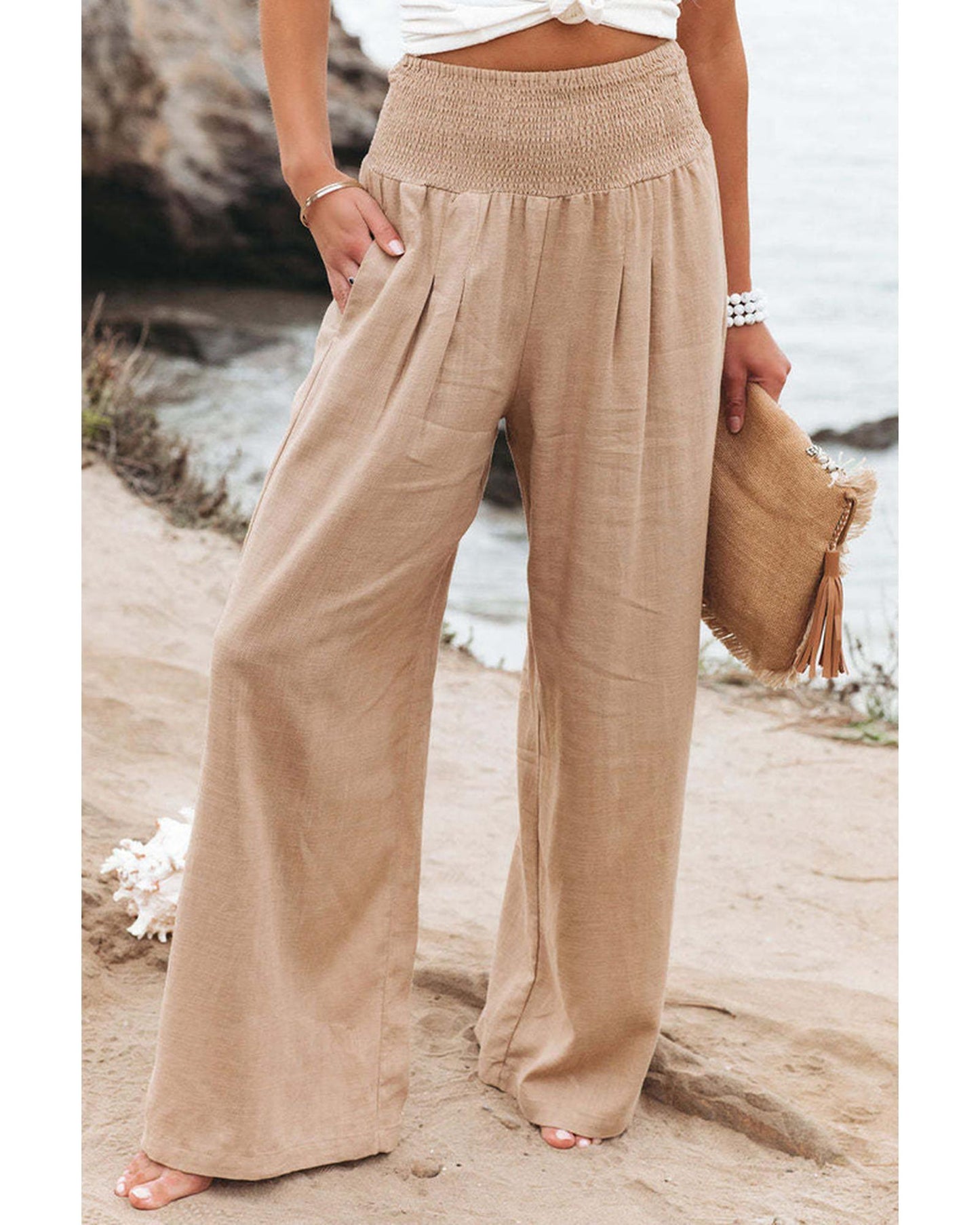 Azura Exchange Smocked High Waist Wide Leg Pants in Khaki - L