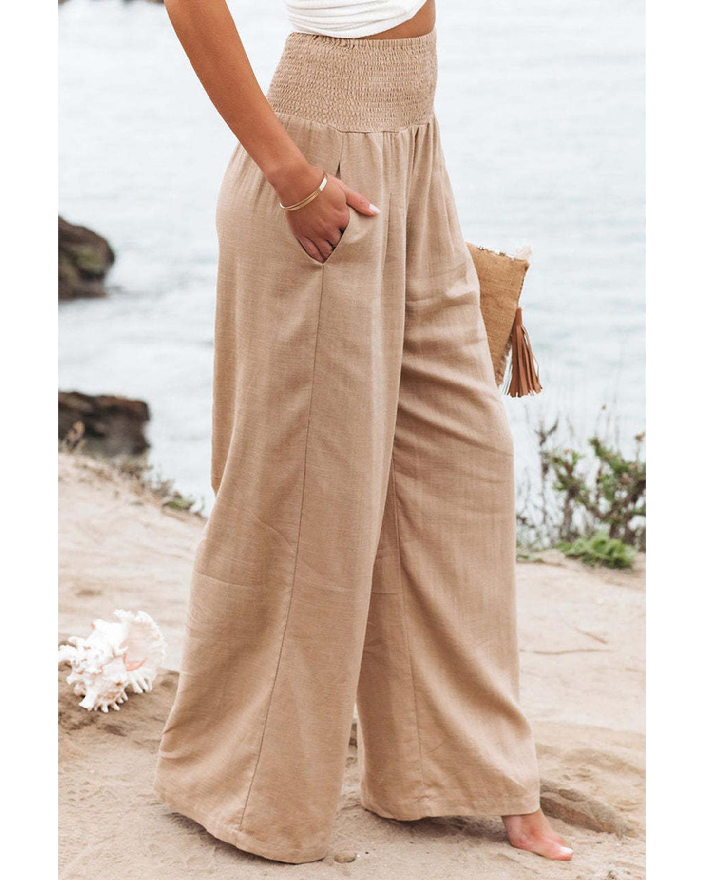 Azura Exchange Smocked High Waist Wide Leg Pants in Khaki - L