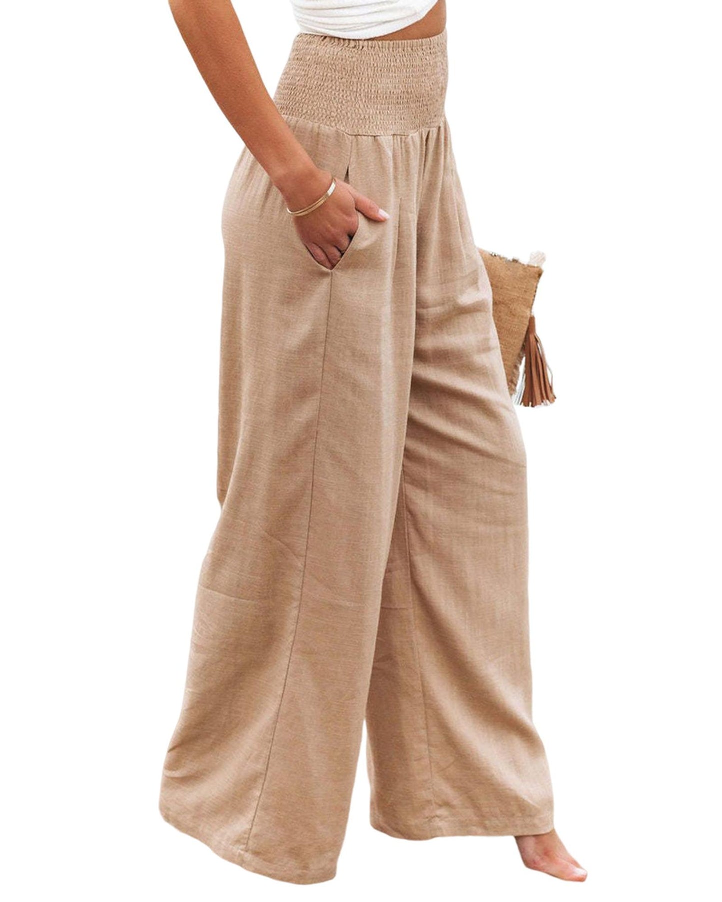 Azura Exchange Smocked High Waist Wide Leg Pants in Khaki - L