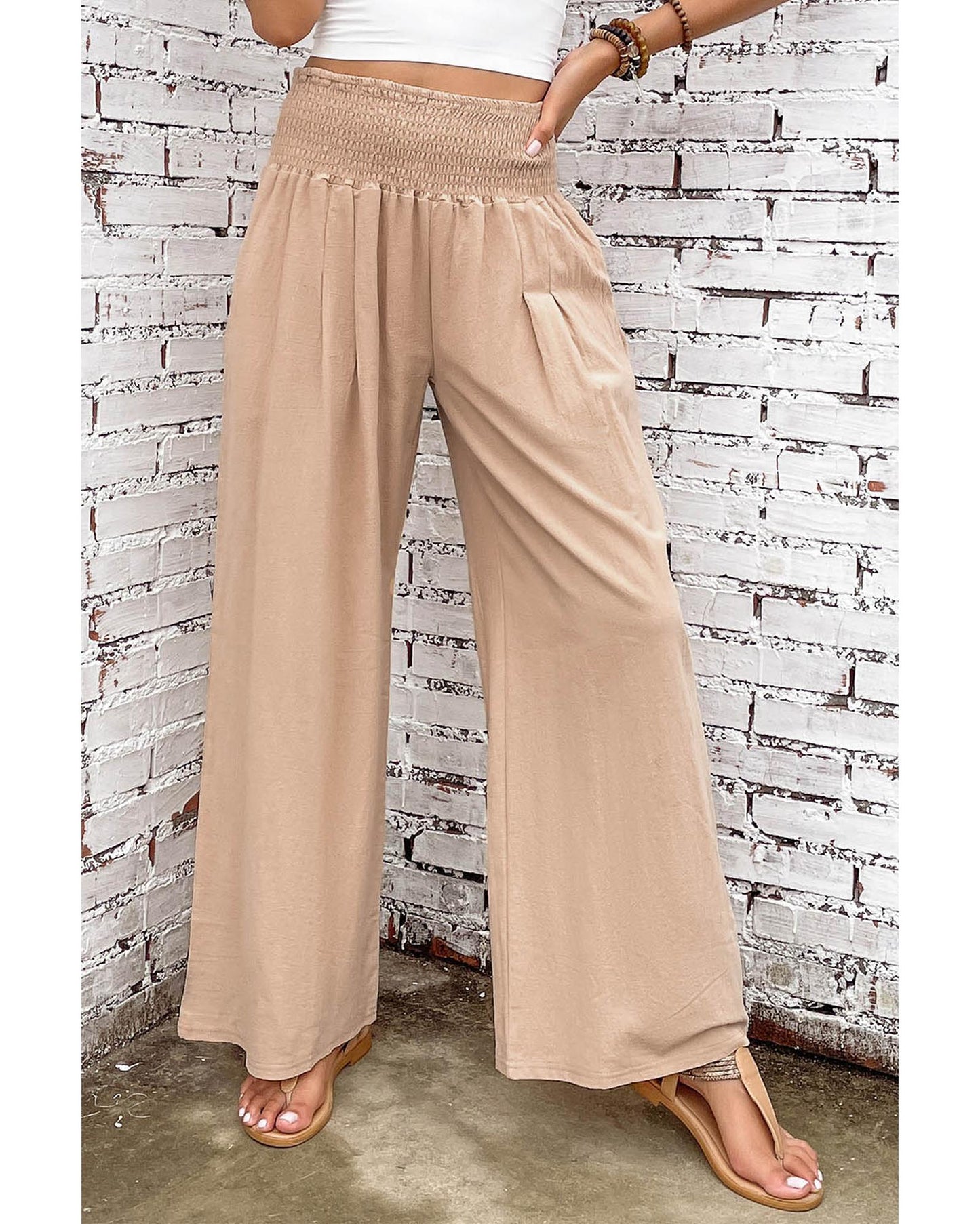 Azura Exchange Smocked High Waist Wide Leg Pants in Khaki - L