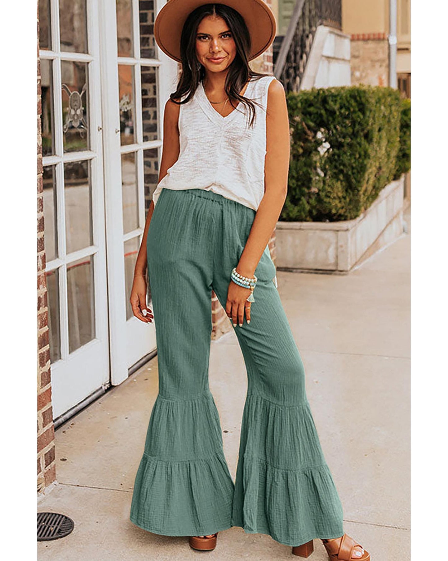 Azura Exchange Textured High Waist Ruffled Bell Bottom Pants - M