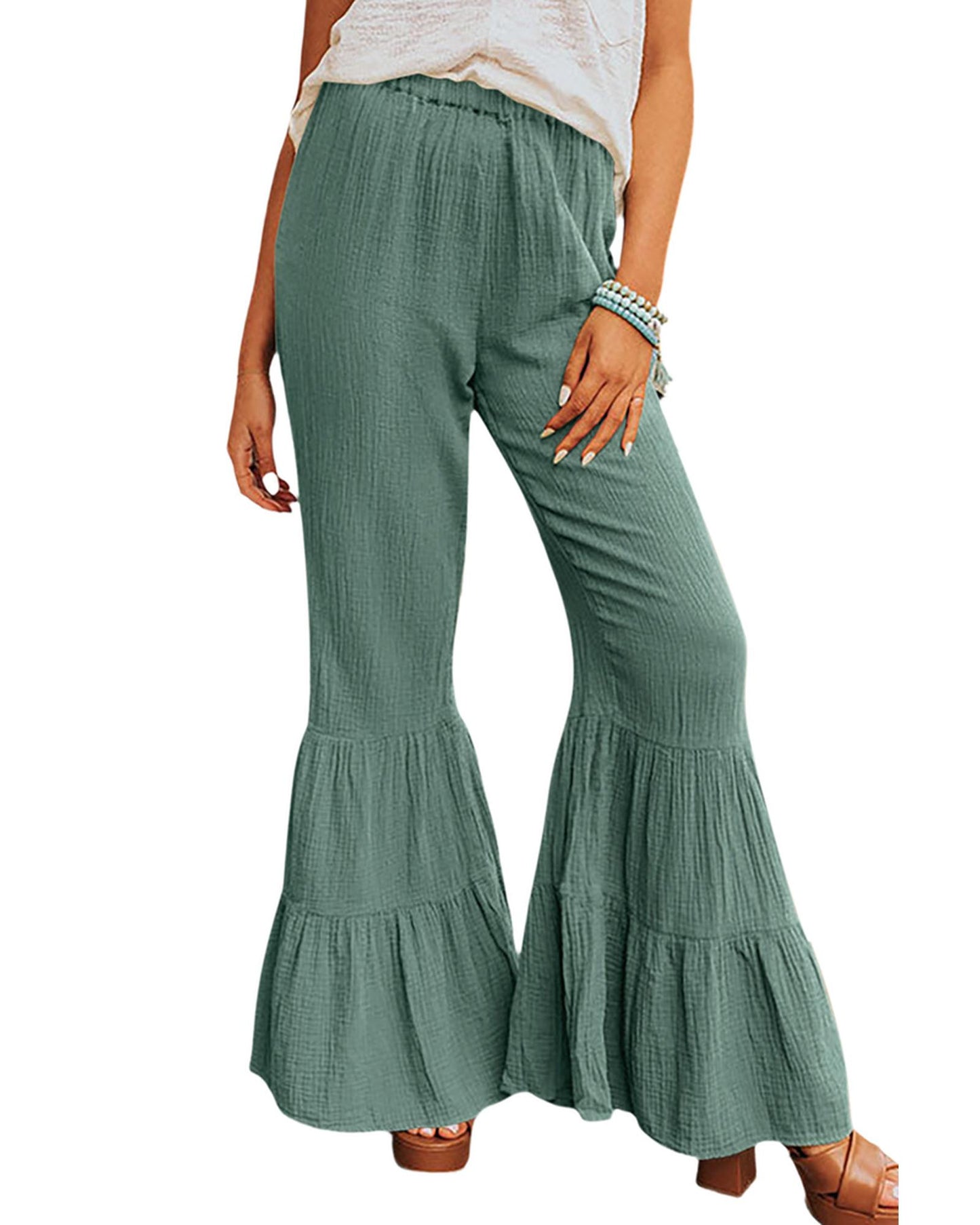 Azura Exchange Textured High Waist Ruffled Bell Bottom Pants - S