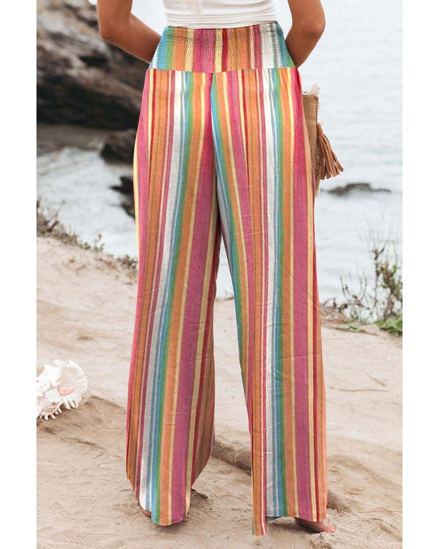 Azura Exchange Striped Smocked High Waist Wide Leg Pants - L