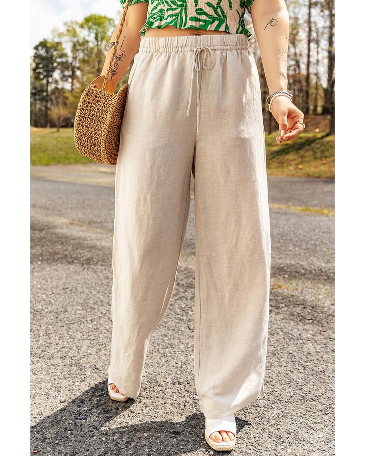 Azura Exchange Elastic Linen Drawstring Waist Pants - L