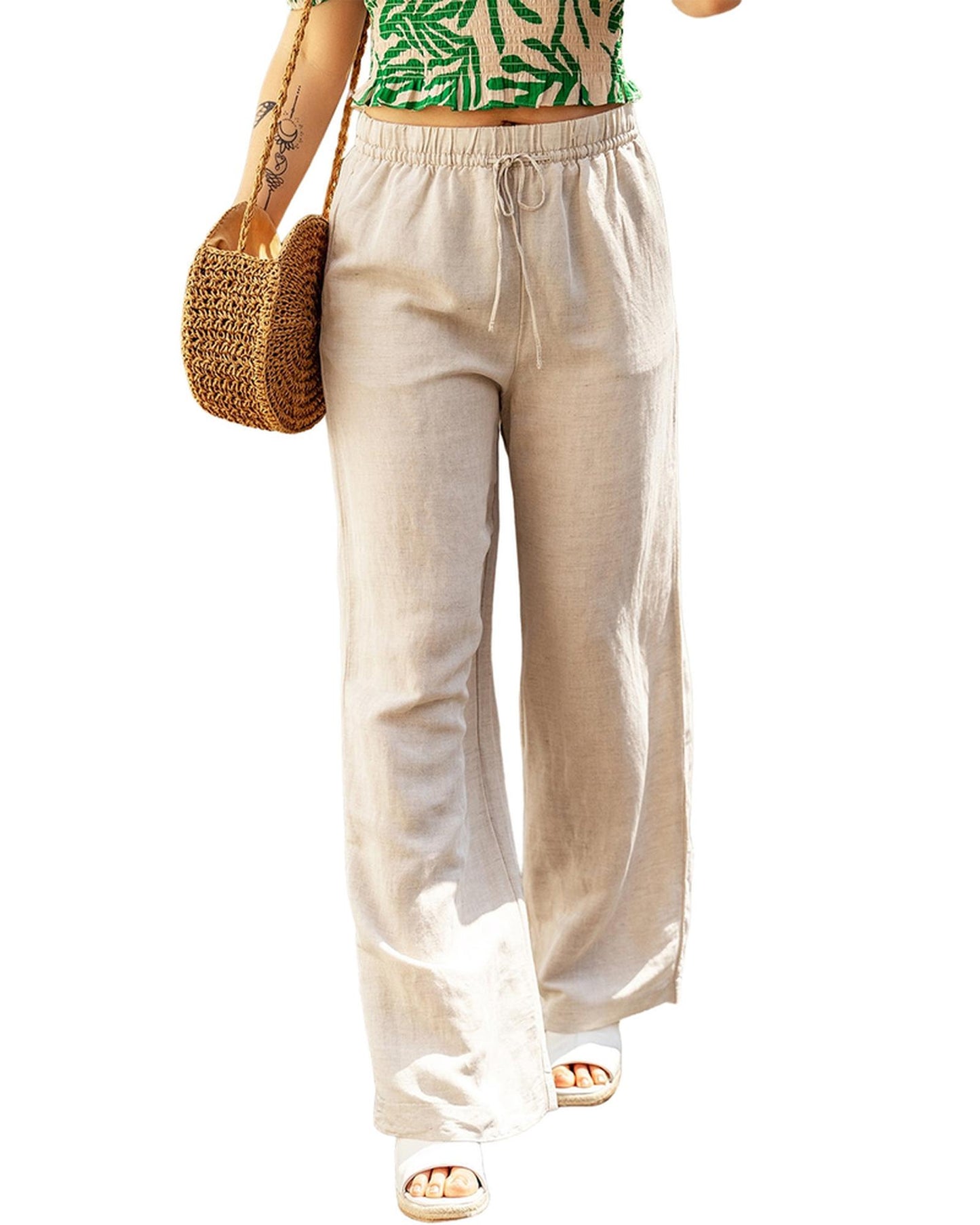 Azura Exchange Elastic Linen Drawstring Waist Pants - L