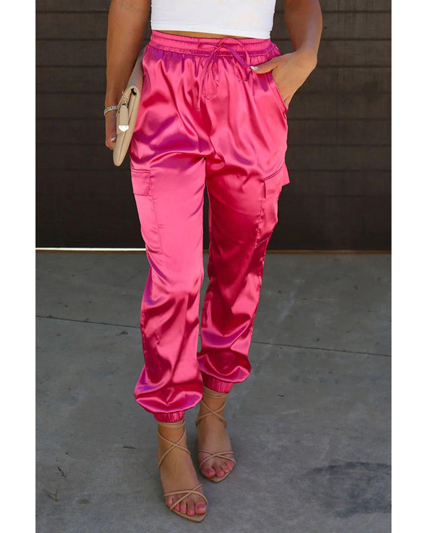 Azura Exchange Drawstring Satin Pants with Elastic Waist and Pockets - L