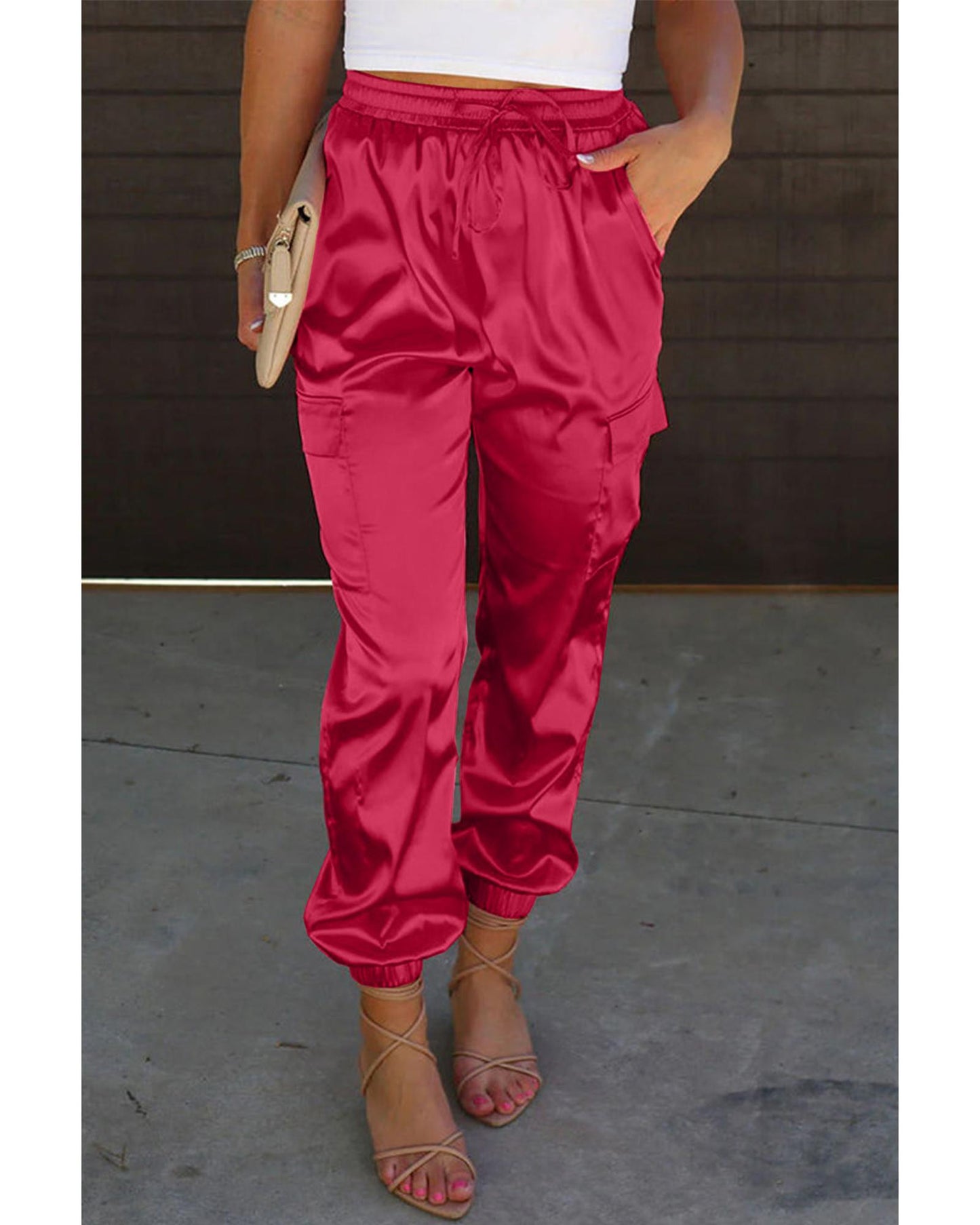 Azura Exchange Drawstring Satin Pants with Elastic Waist and Pockets - L