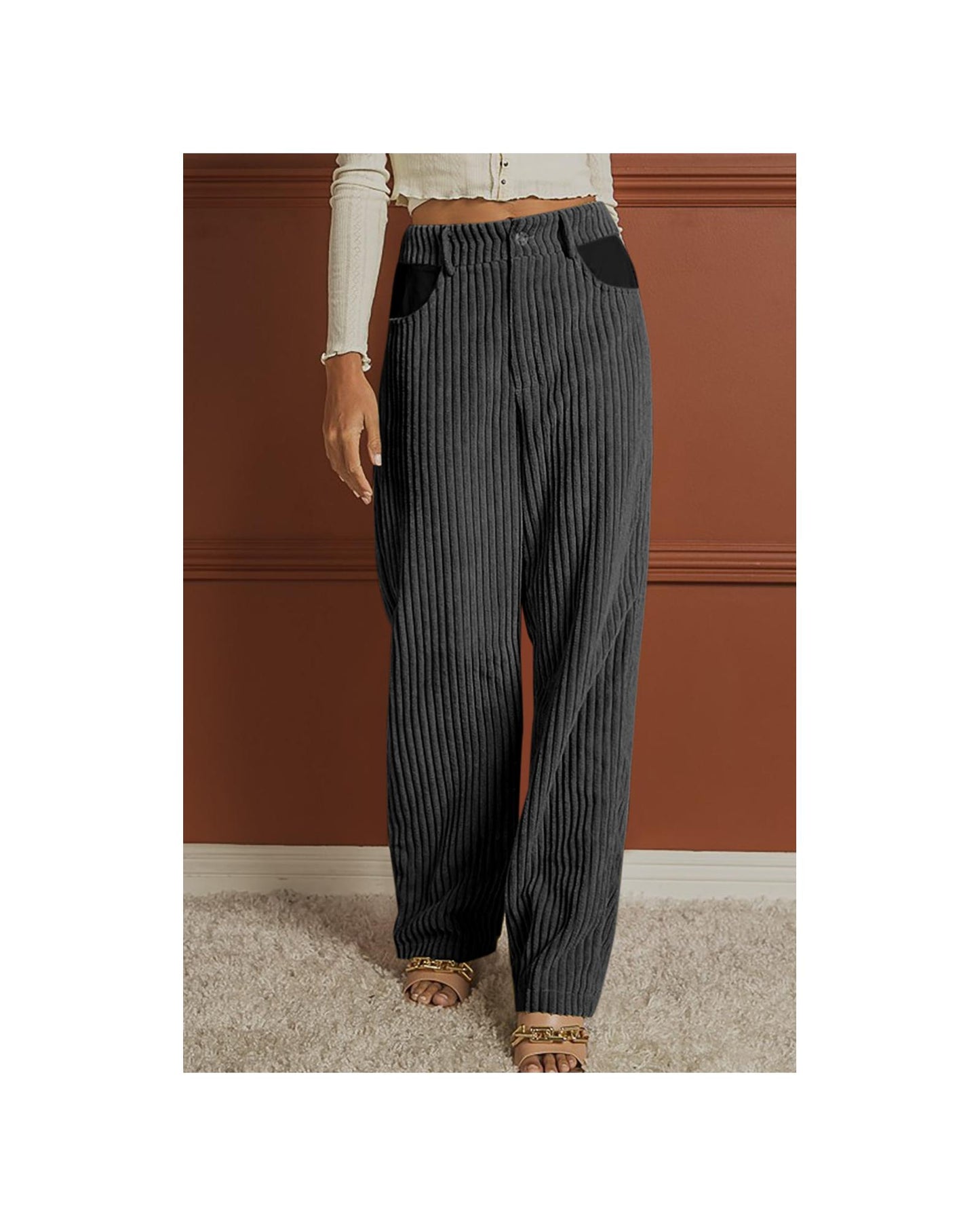 Azura Exchange Contrast Patched Wide Leg Corduroy Pants - M