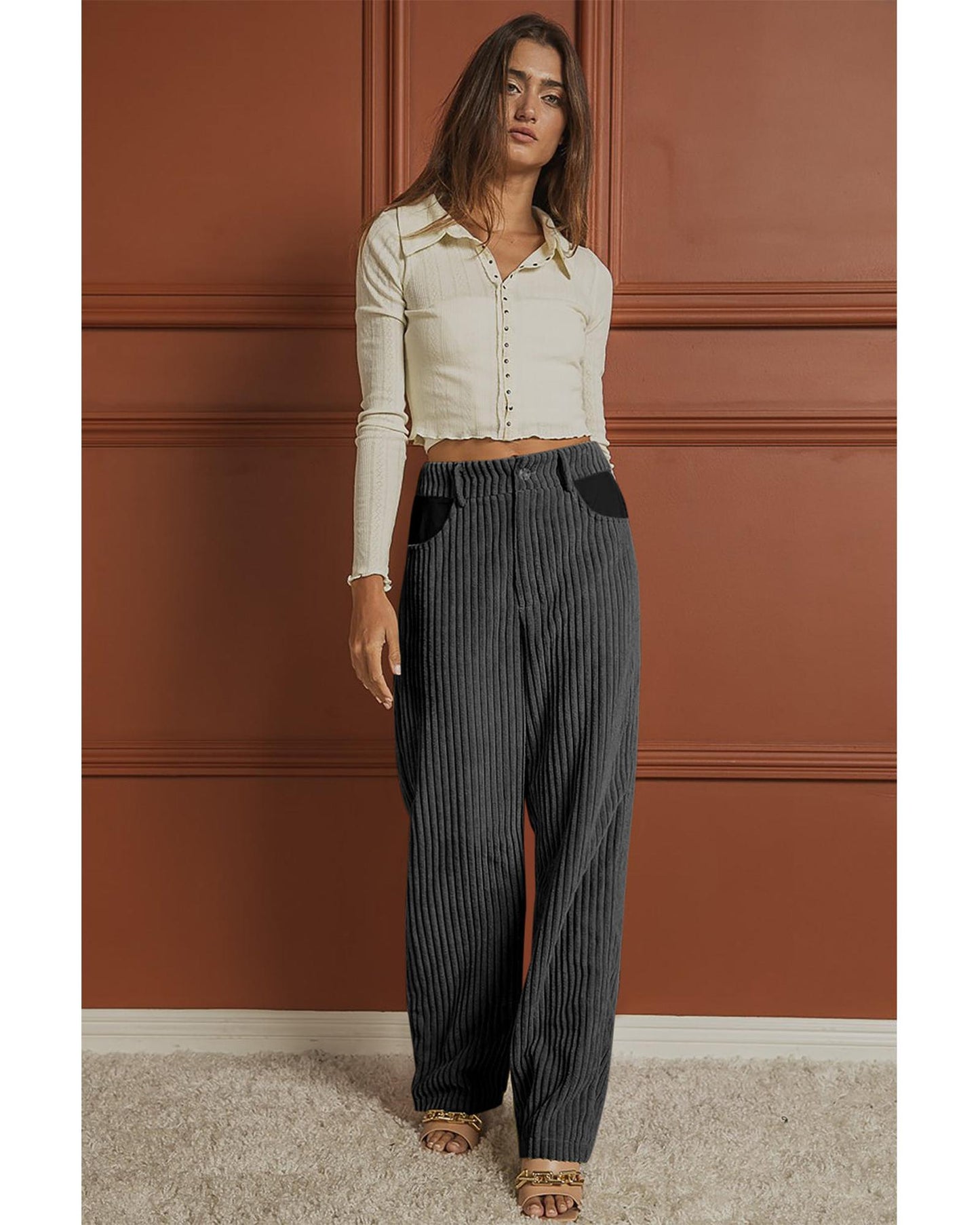 Azura Exchange Contrast Patched Wide Leg Corduroy Pants - M