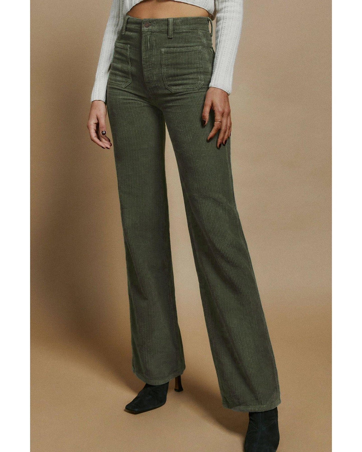 Azura Exchange Green High Waist Square Pockets Corduroy Pants - L