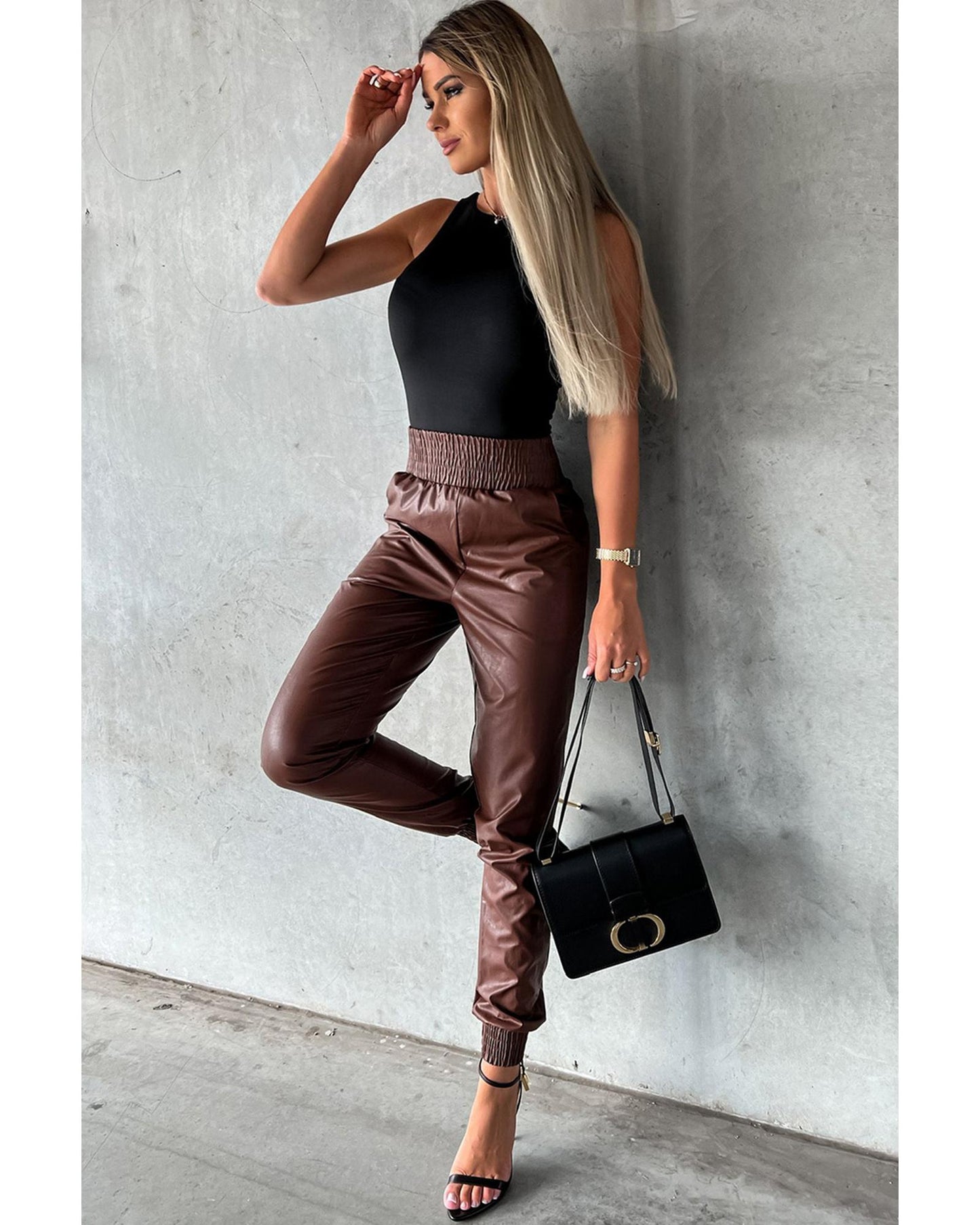 Azura Exchange Smocked High-Waist Leather Skinny Pants - L