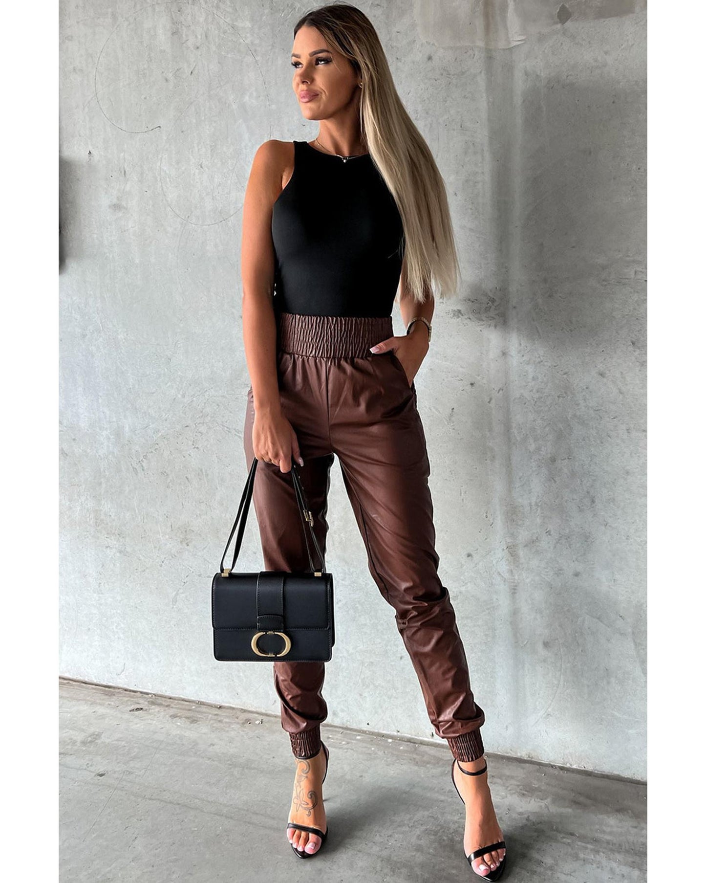 Azura Exchange Smocked High-Waist Leather Skinny Pants - S