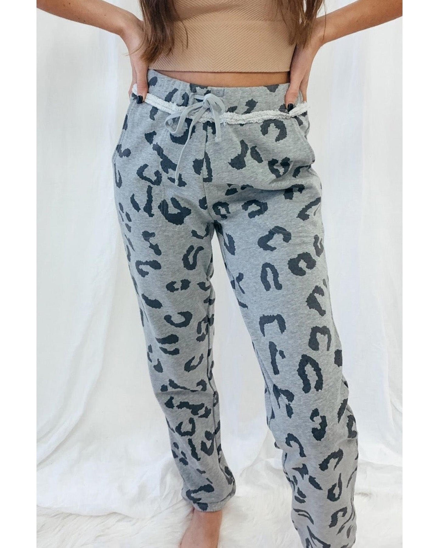 Azura Exchange Leopard Print Drawstring High Waist Jogger Pants - L