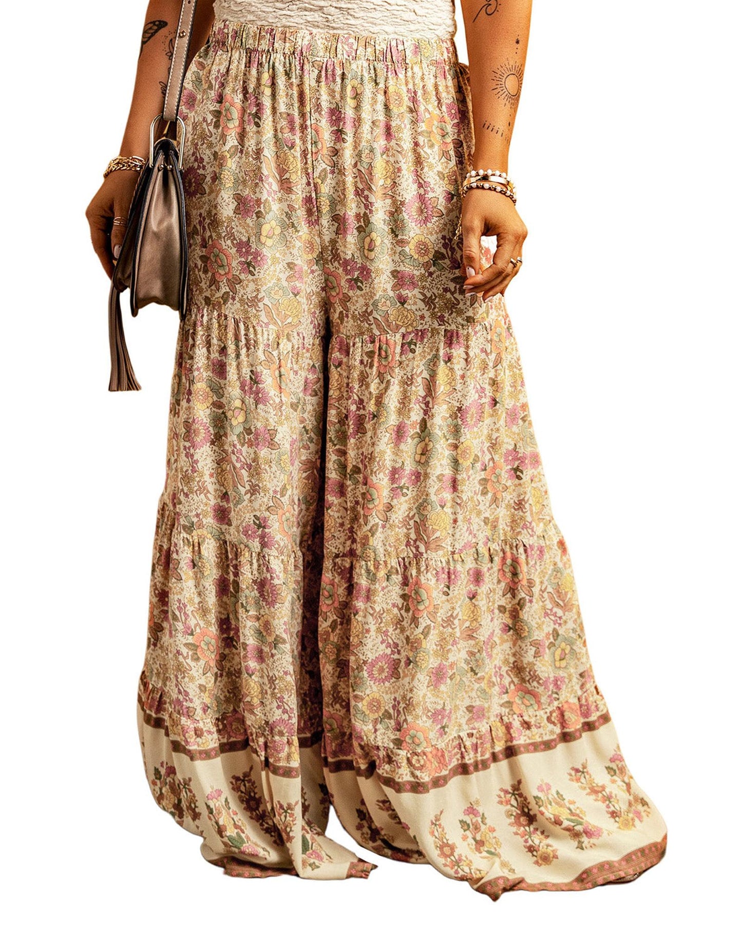 Azura Exchange Boho Floral Patchwork Wide Leg Pants - M