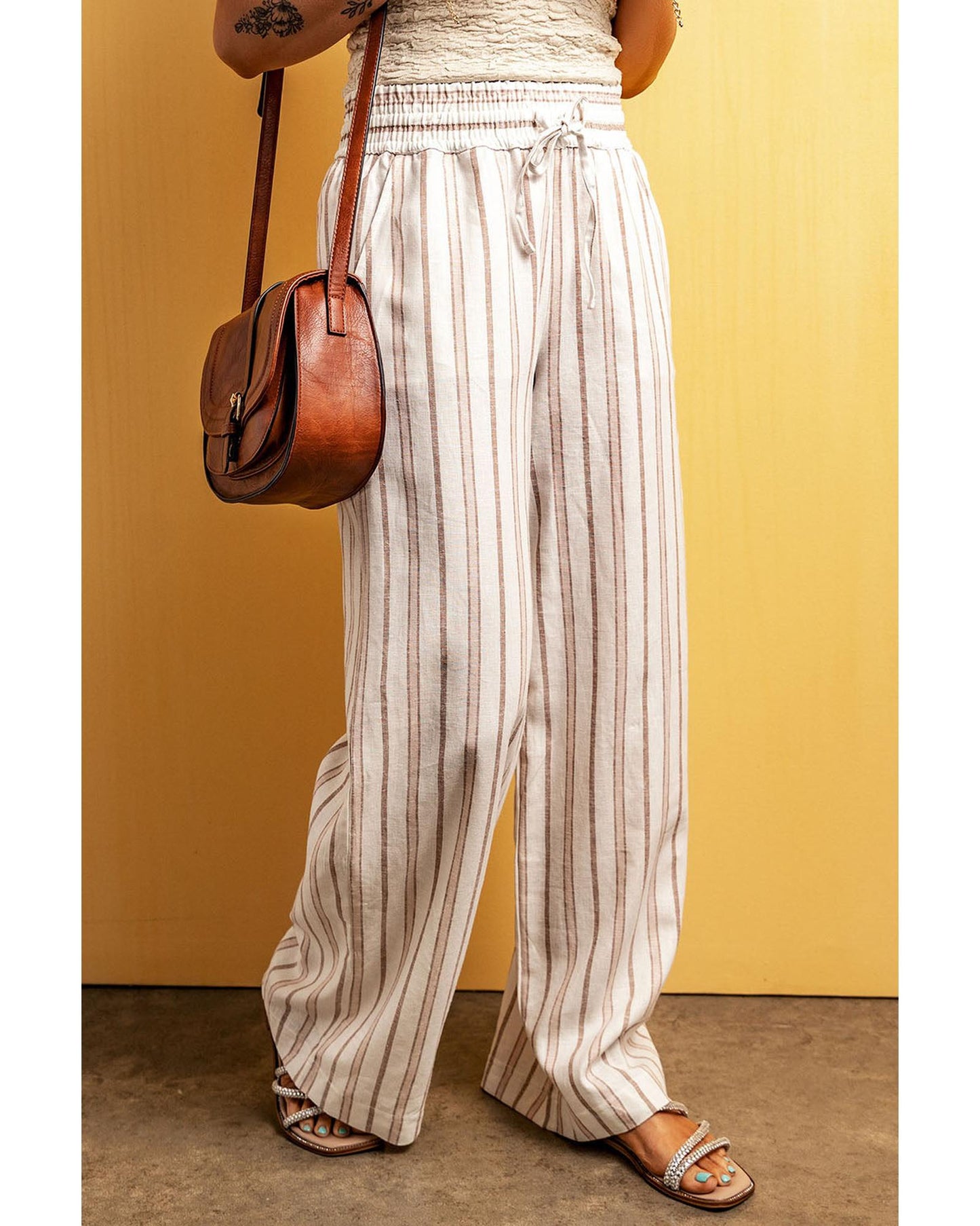 Azura Exchange Striped Print Drawstring High Waist Casual Pants - M