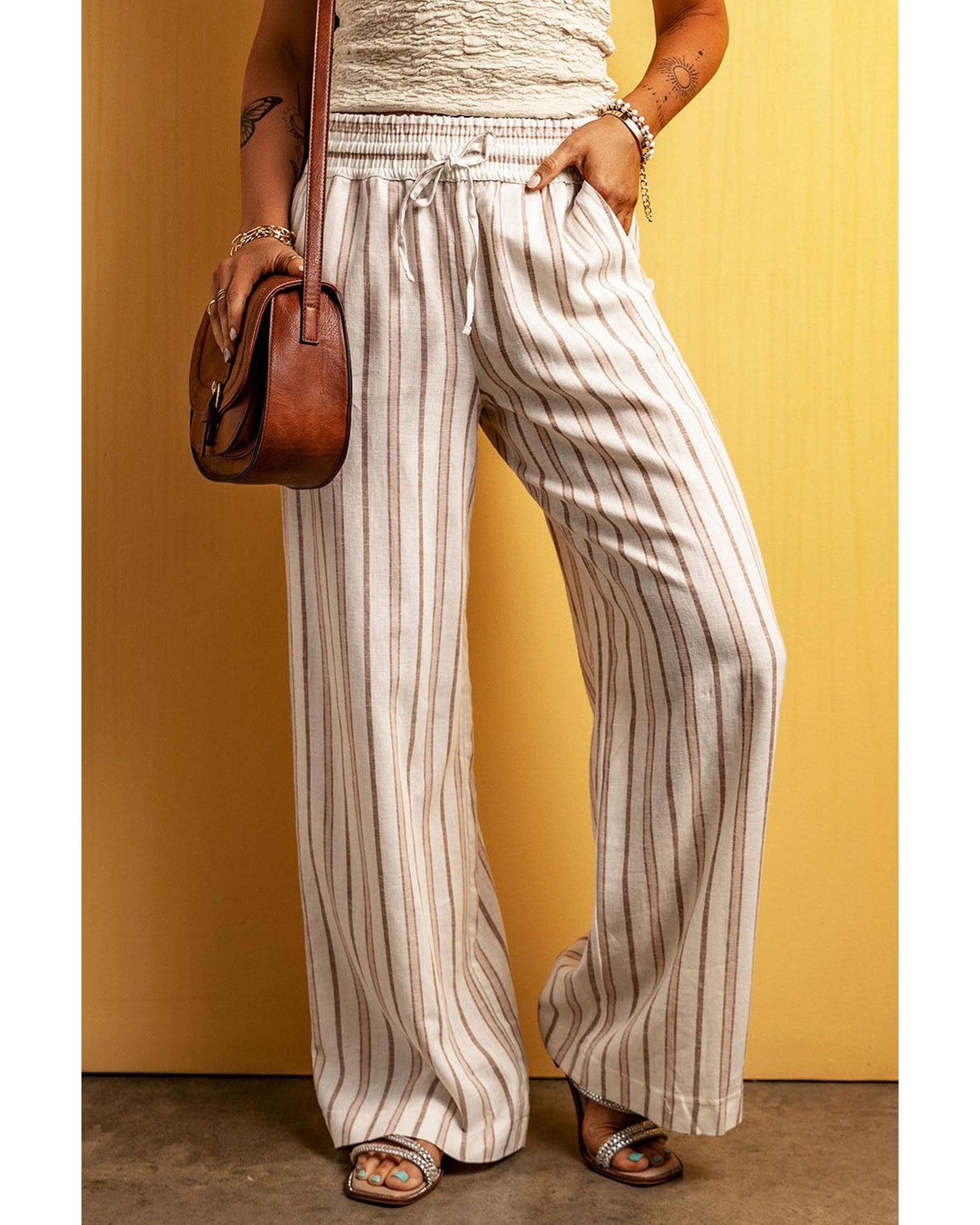 Azura Exchange Striped Print Drawstring High Waist Casual Pants - M