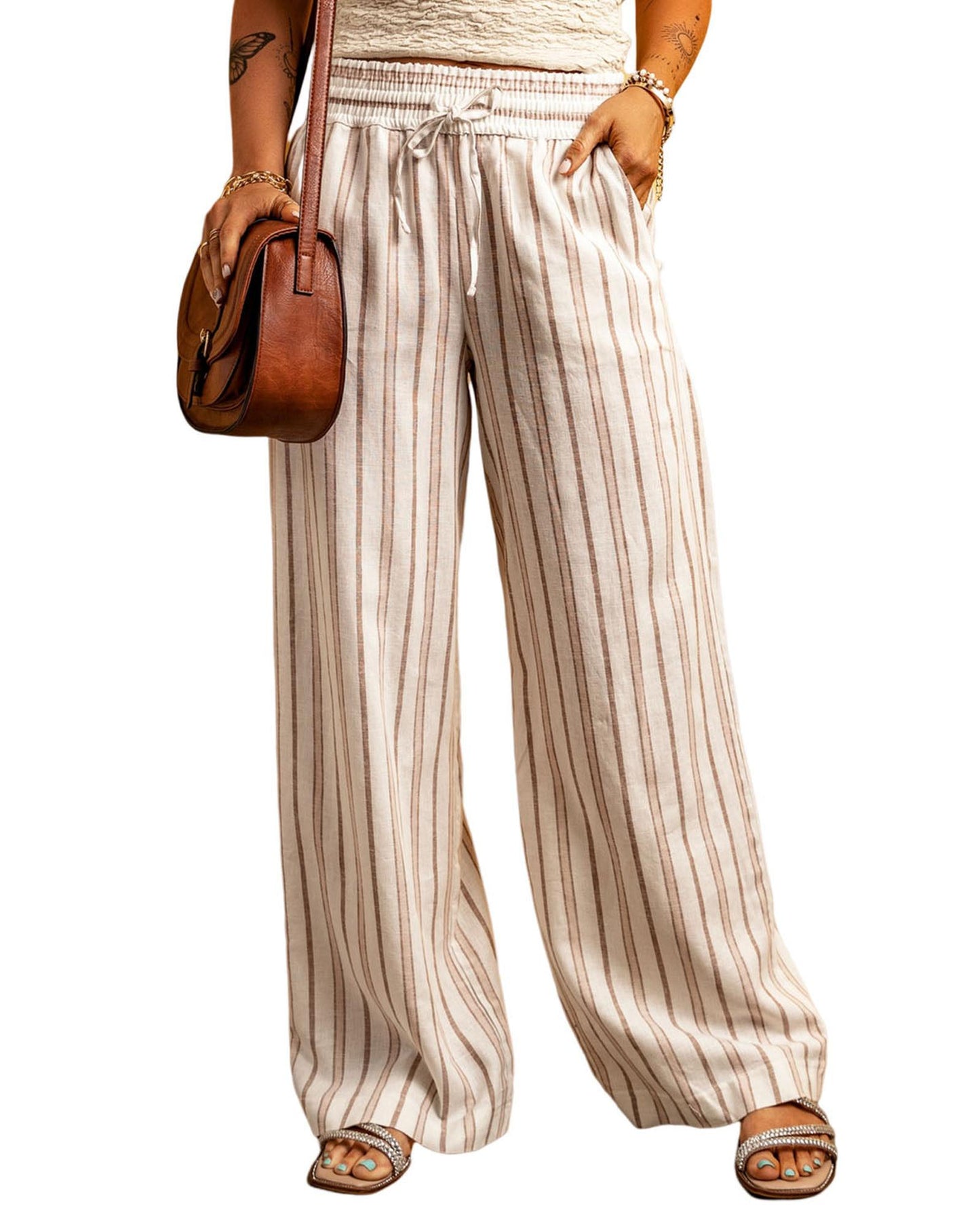 Azura Exchange Striped Print Drawstring High Waist Casual Pants - M