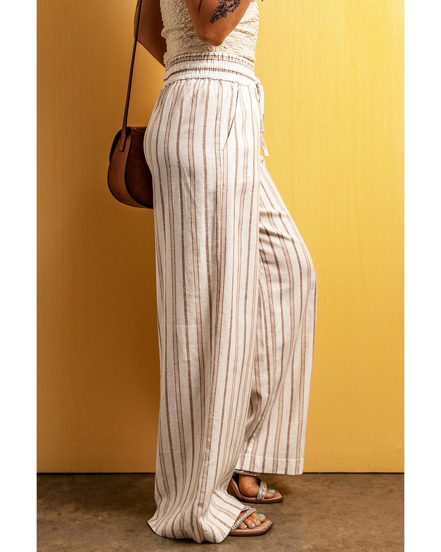 Azura Exchange Striped Print Drawstring High Waist Casual Pants - M