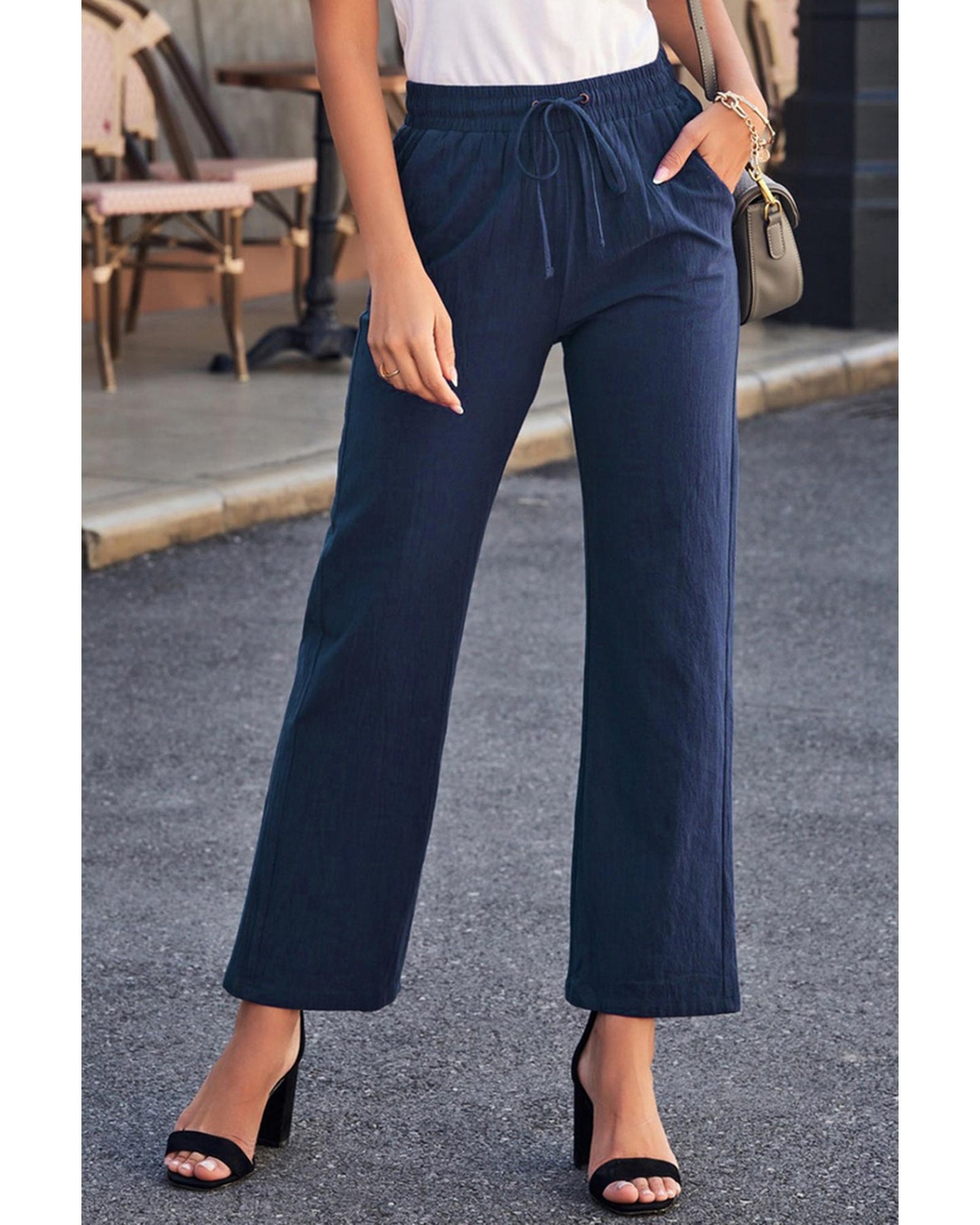 Azura Exchange Elastic Waist Drawstring Pants with Pockets - L