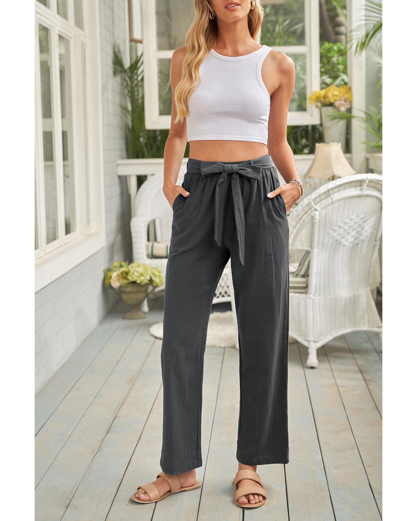 Azura Exchange Wide Leg Pants with Elastic Waist and Drawstring - XL