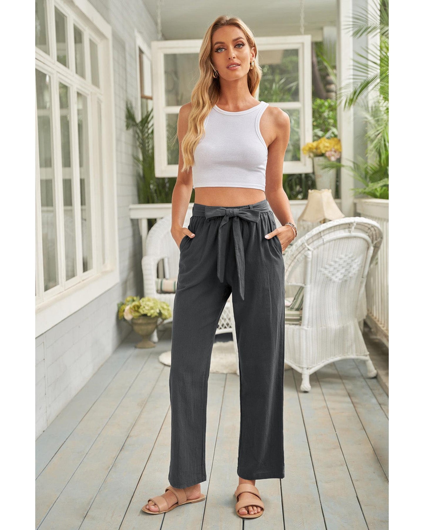 Azura Exchange Wide Leg Pants with Elastic Waist and Drawstring - XL