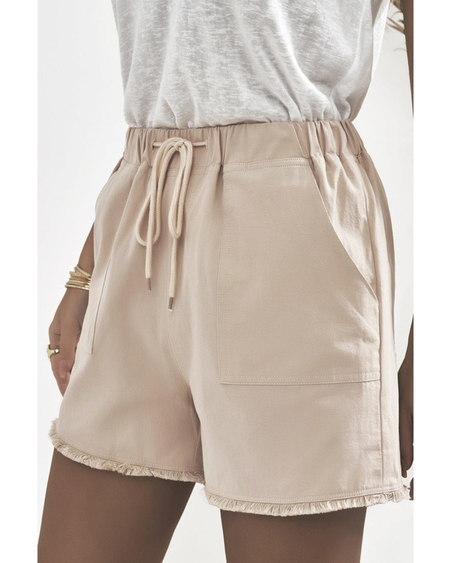 Azura Exchange Drawstring Frayed Hem Pocketed Shorts - S