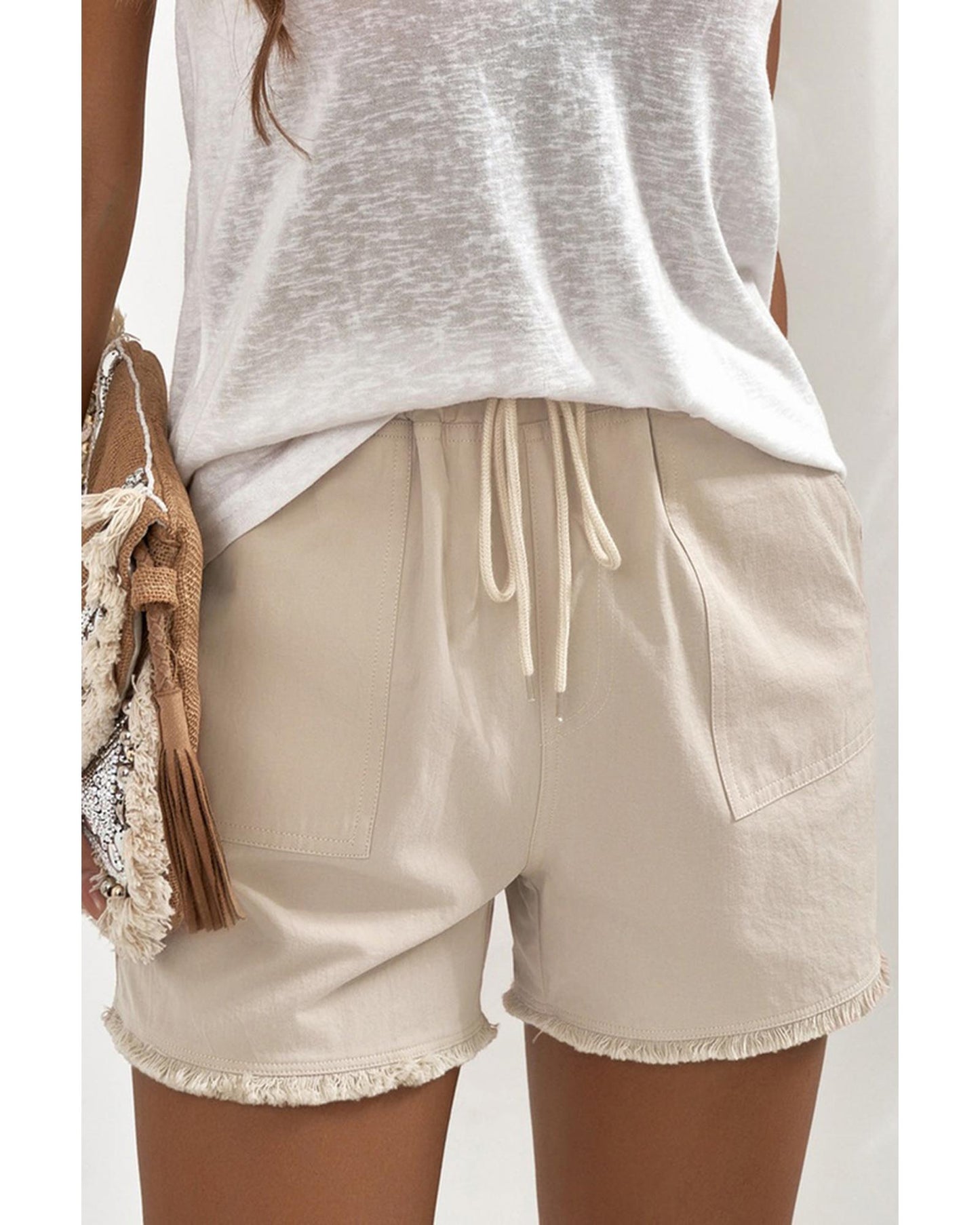 Azura Exchange Drawstring Frayed Hem Pocketed Shorts - S