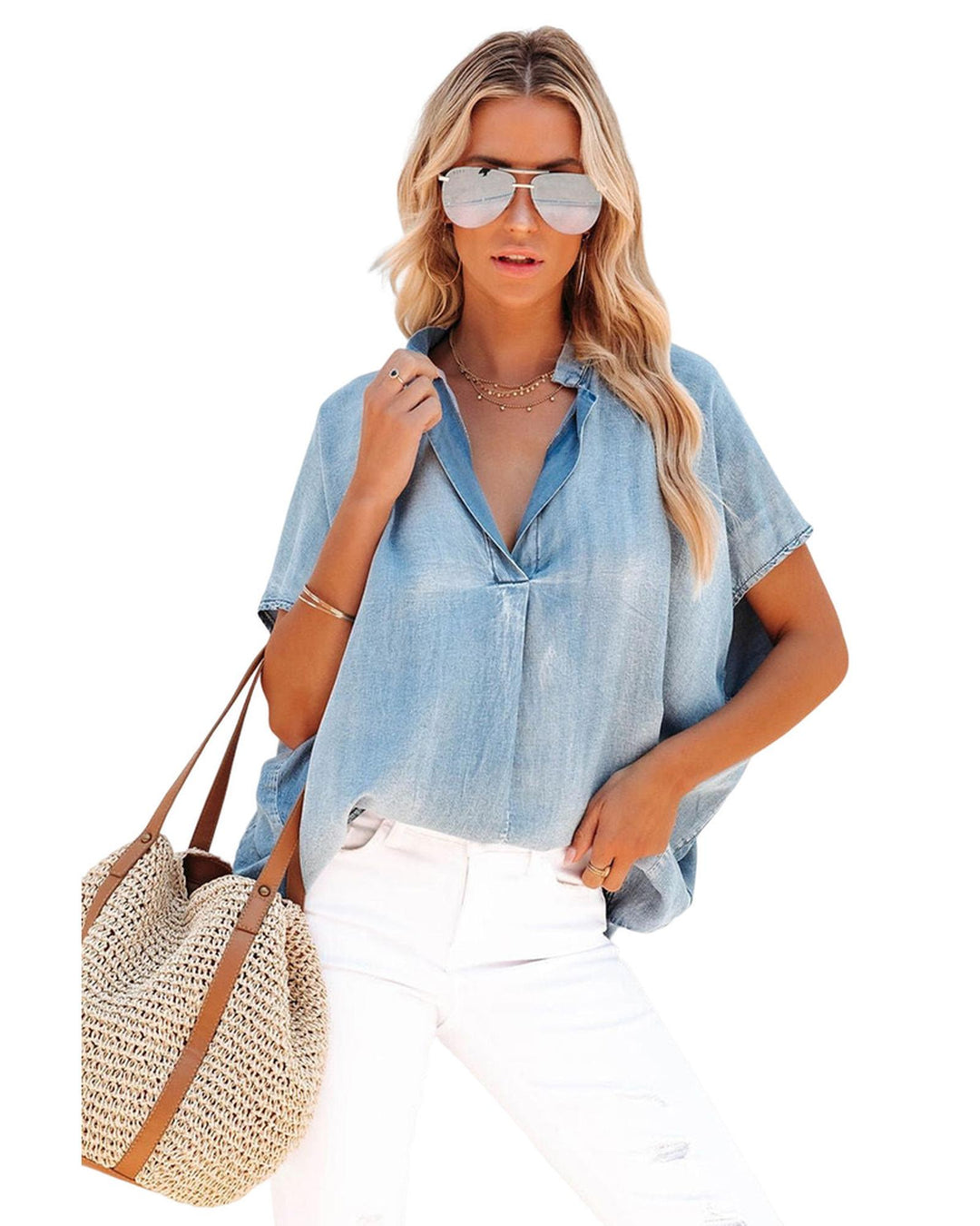 Azura Exchange V Neck Oversized Denim Blouse - XL