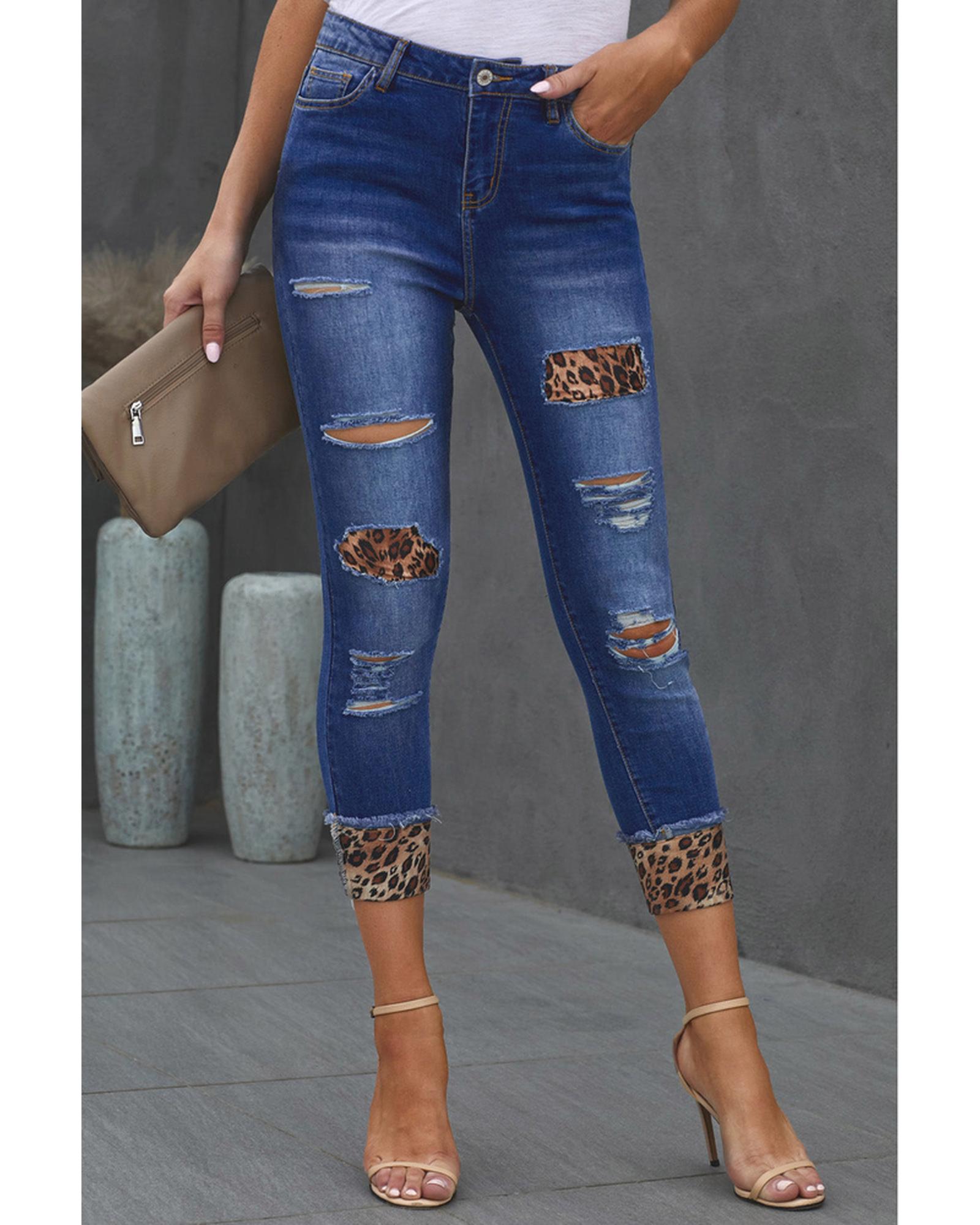 Azura Exchange Leopard Patches Distressed Skinny Jeans - L