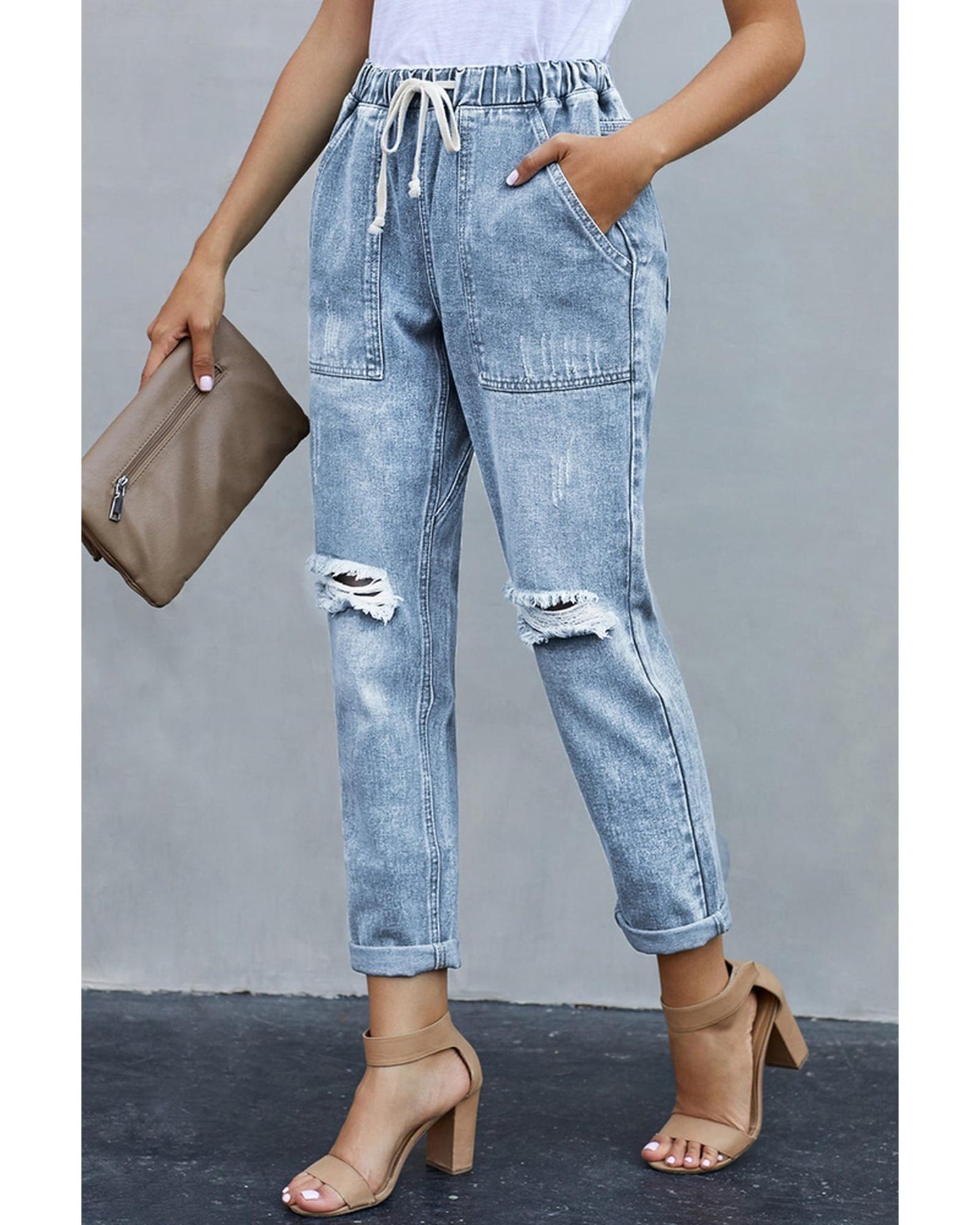 Azura Exchange Distressed Pocketed Denim Jogger - S