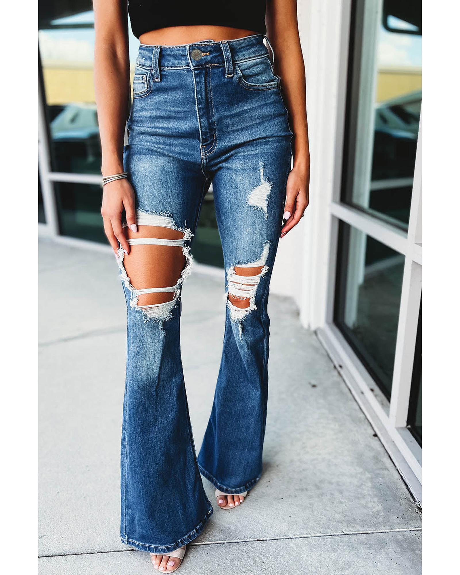 Azura Exchange Distressed Cutout Flare Leg Jeans - 10 US