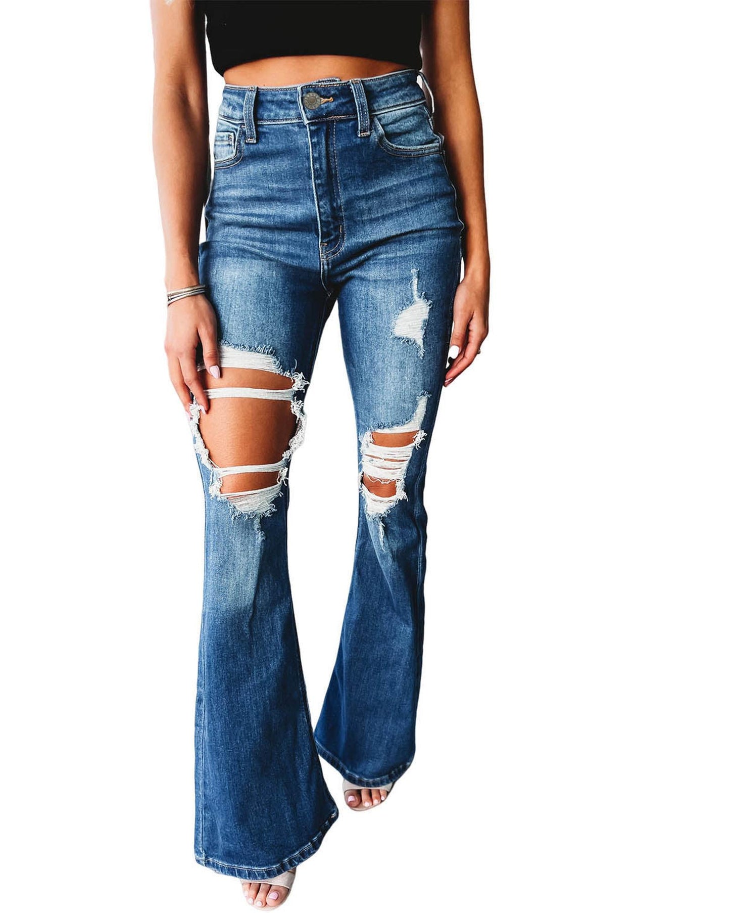 Azura Exchange Distressed Cutout Flare Leg Jeans - 10 US