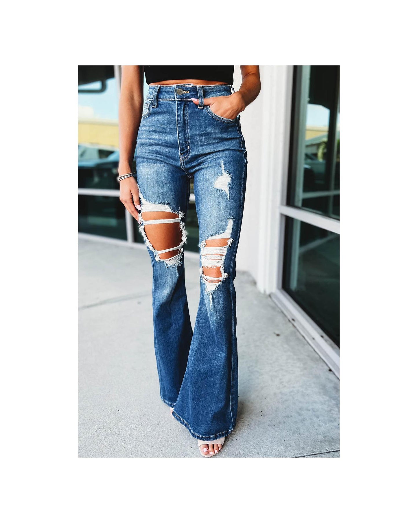 Azura Exchange Distressed Cutout Flare Leg Jeans - 8 US