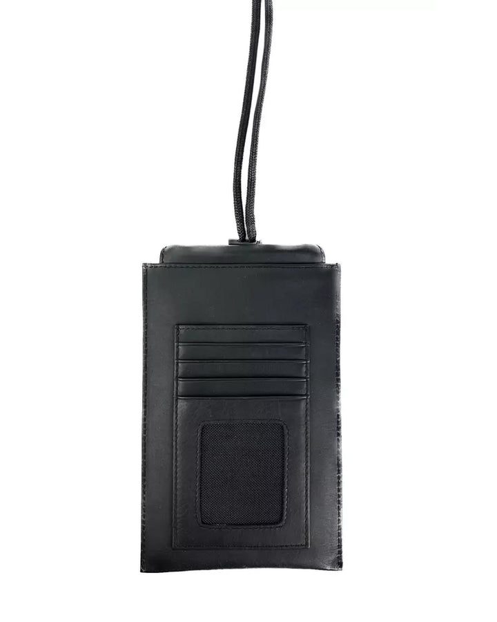 Black Calfskin Leather Cell Phone Holder with Adjustable Cord and Card Holder One Size Men