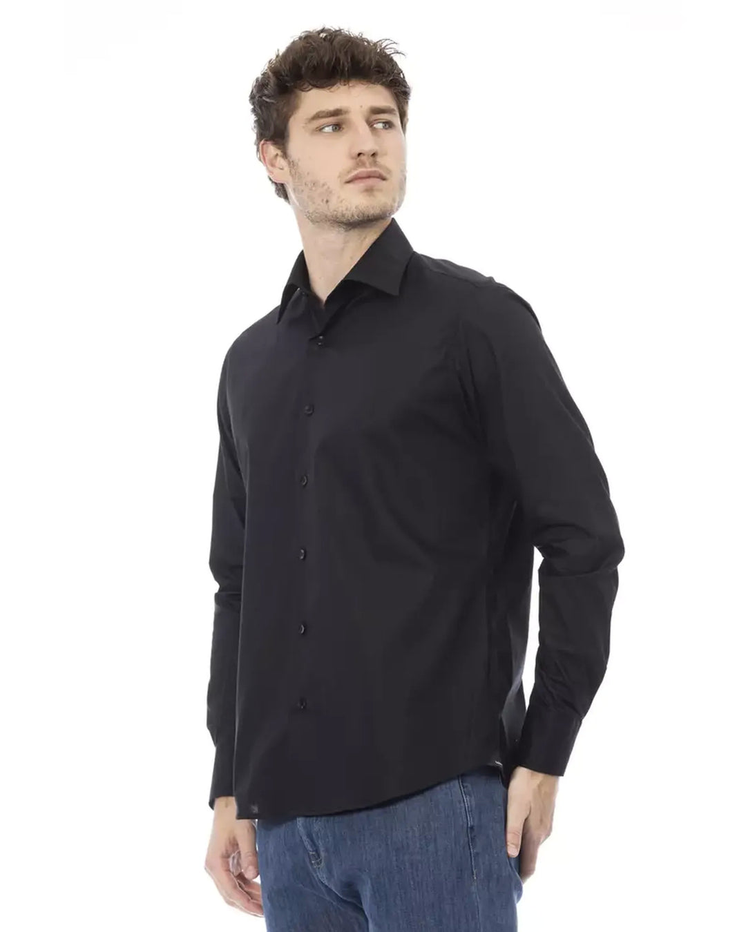 Regular Fit Italian Collar Shirt with Button Front Closure and Cuffs 44 IT Men