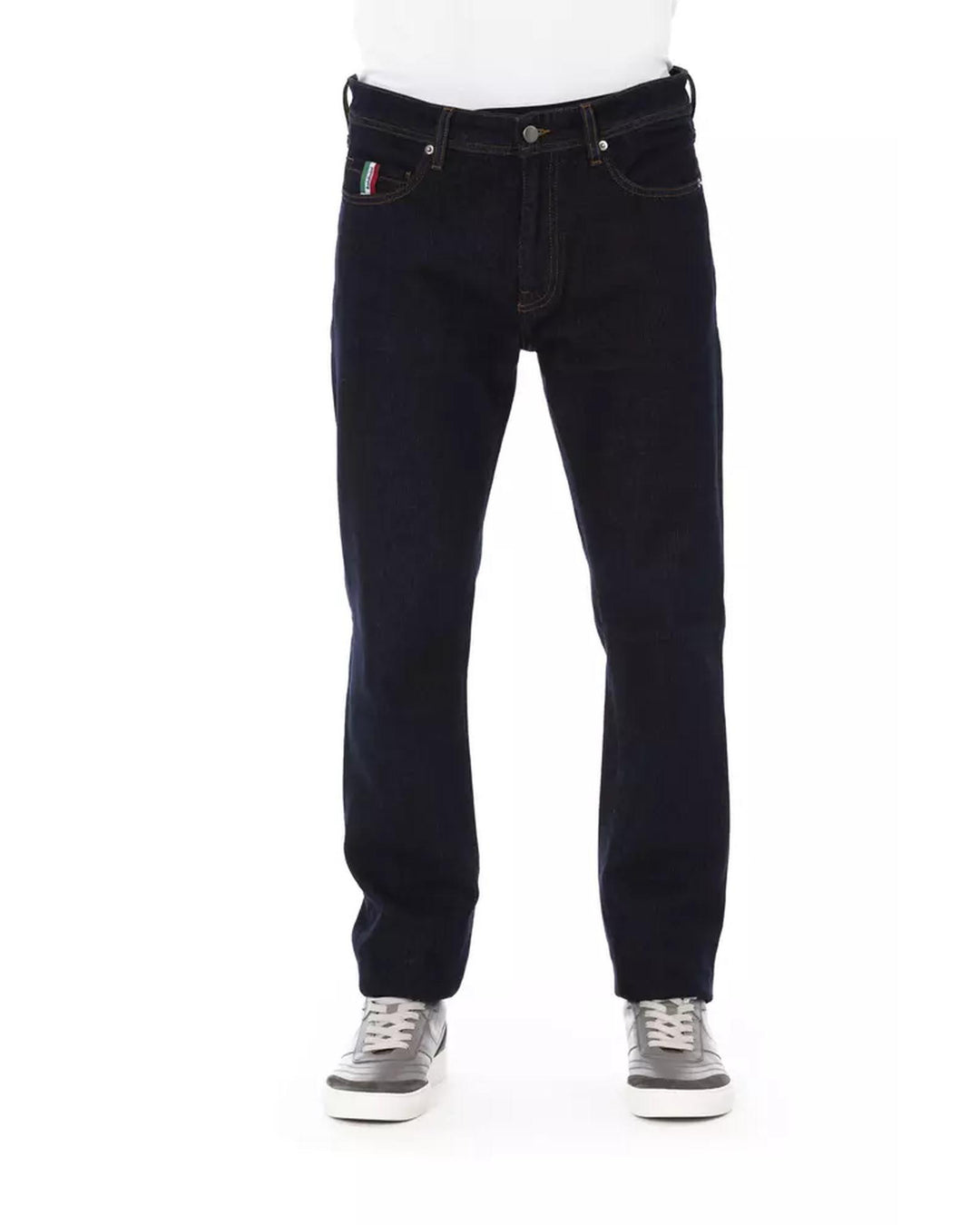 Logo Button Regular Man Jeans with Tricolor Insert and Contrast Stitching W38 US Men