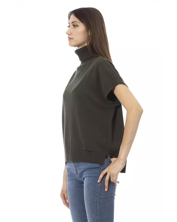 Ribbed Turtleneck Sweater with Short Sleeves and Monogram Detail L Women