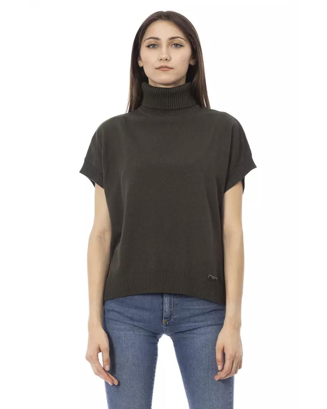 Ribbed Turtleneck Sweater with Short Sleeves and Monogram Detail M Women