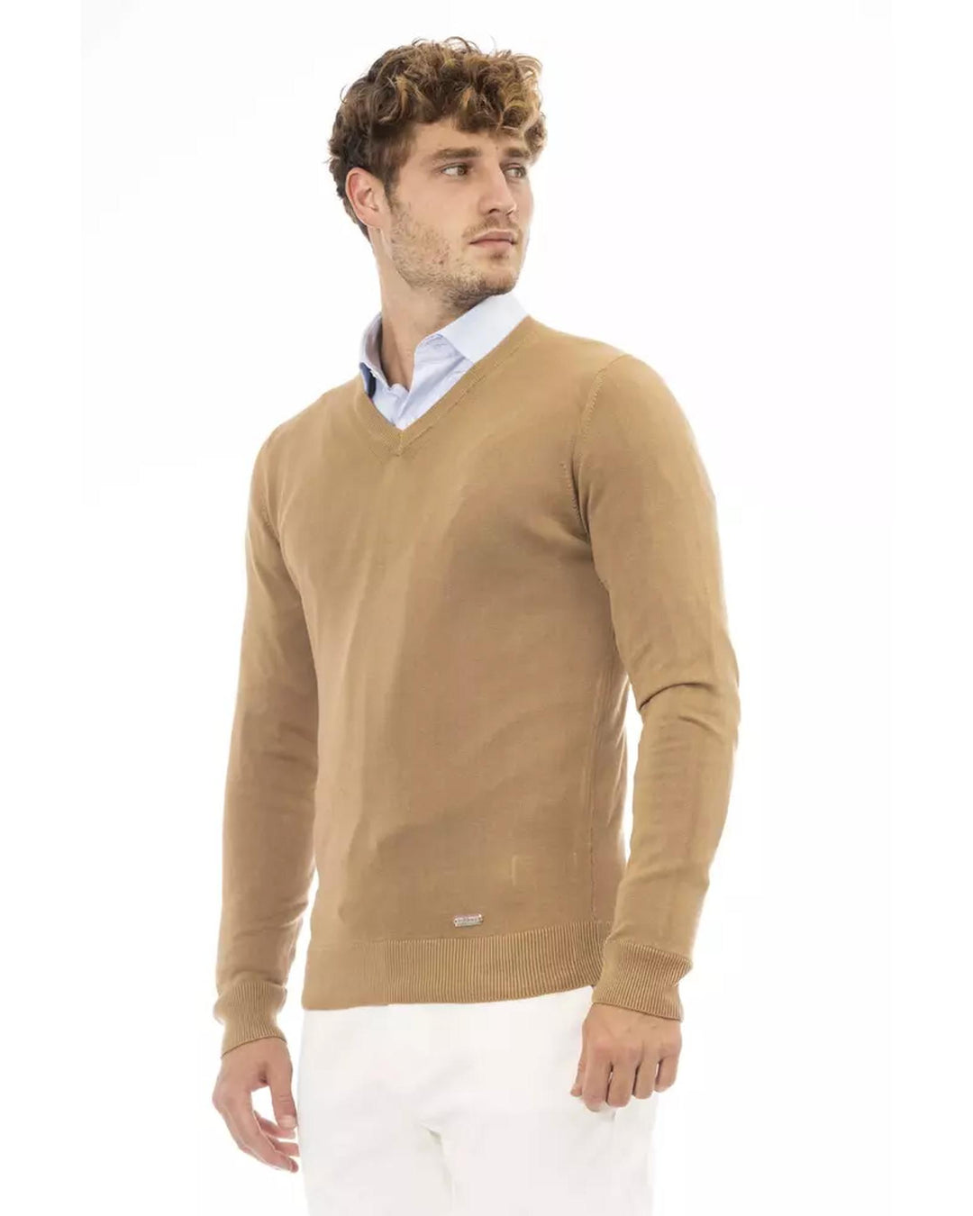 Fine Ribbed Knit V-neck Sweater with Long Sleeves 48 IT Men