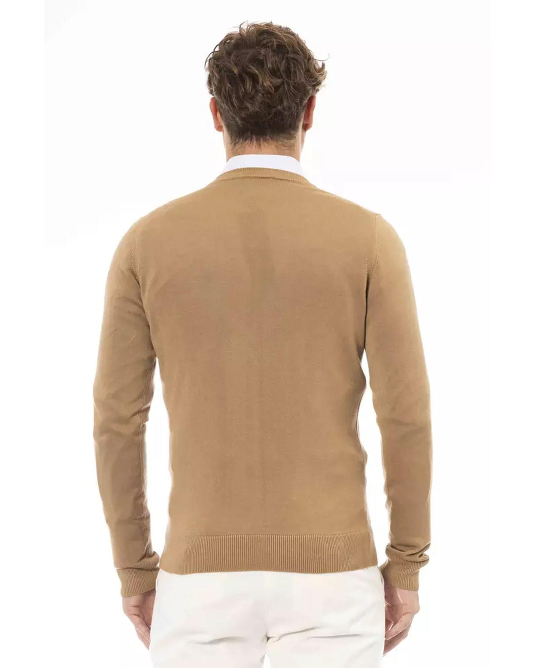 Fine Ribbed Knit V-neck Sweater with Long Sleeves 48 IT Men