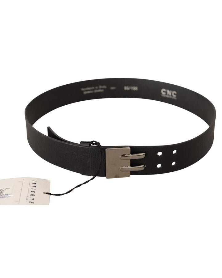 Classic Black Leather Belt with Silver-tone Hardware 85 cm Women