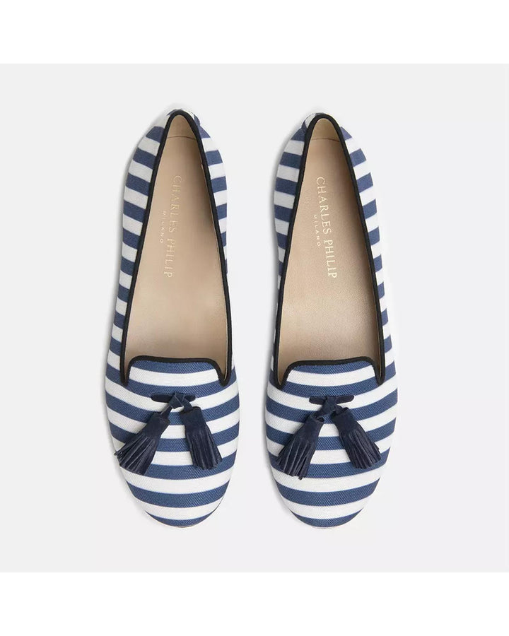 Striped Silk Moccasins with Suede Tassel 36 EU Women