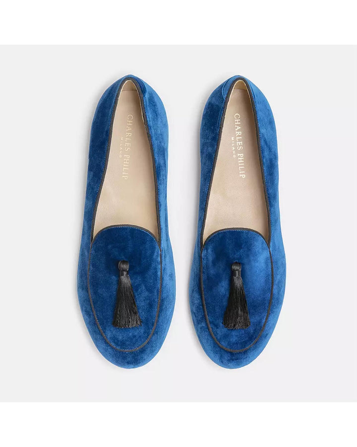 Handmade Unisex Charles Philip Loafers with Dark Blue Silk Fabric and Tassel 42.5 EU Men